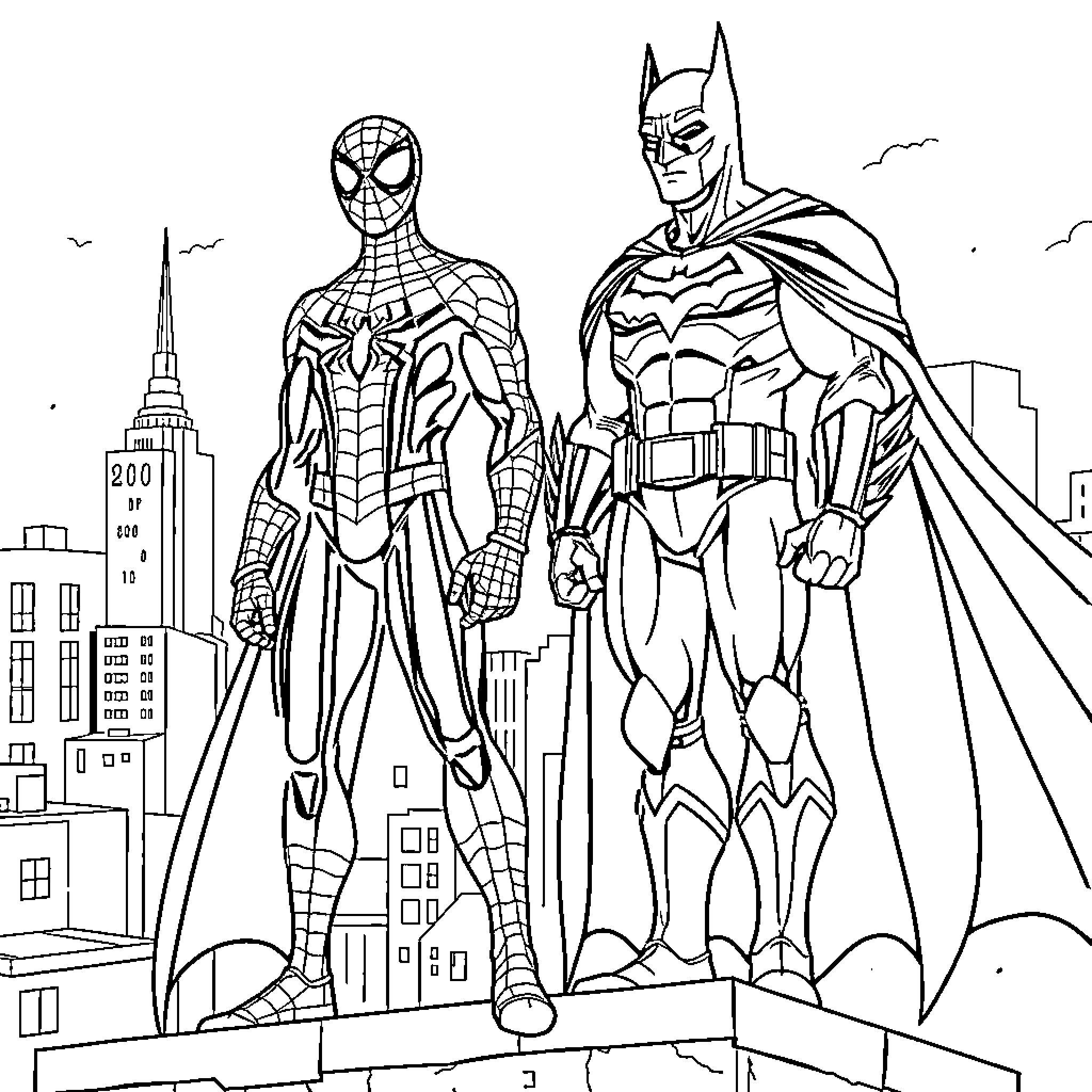 Spiderman and Batman standing tall in the city Coloring Page (free black-and-white line drawing printable PDF for all, from beginners to advanced learners, including children, teens, adults, and seniors)