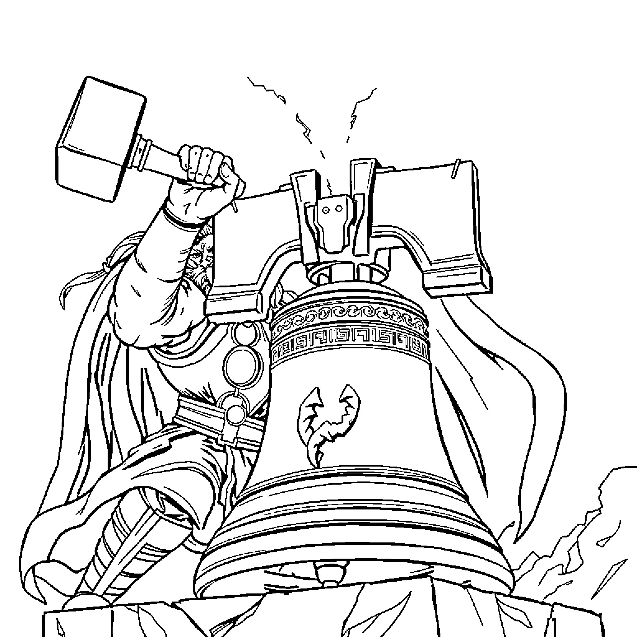 Thor Ringing the Mighty Bell of Thunder Coloring Page (free black-and-white line drawing printable PDF for all, from beginners to advanced learners, including children, teens, adults, and seniors)
