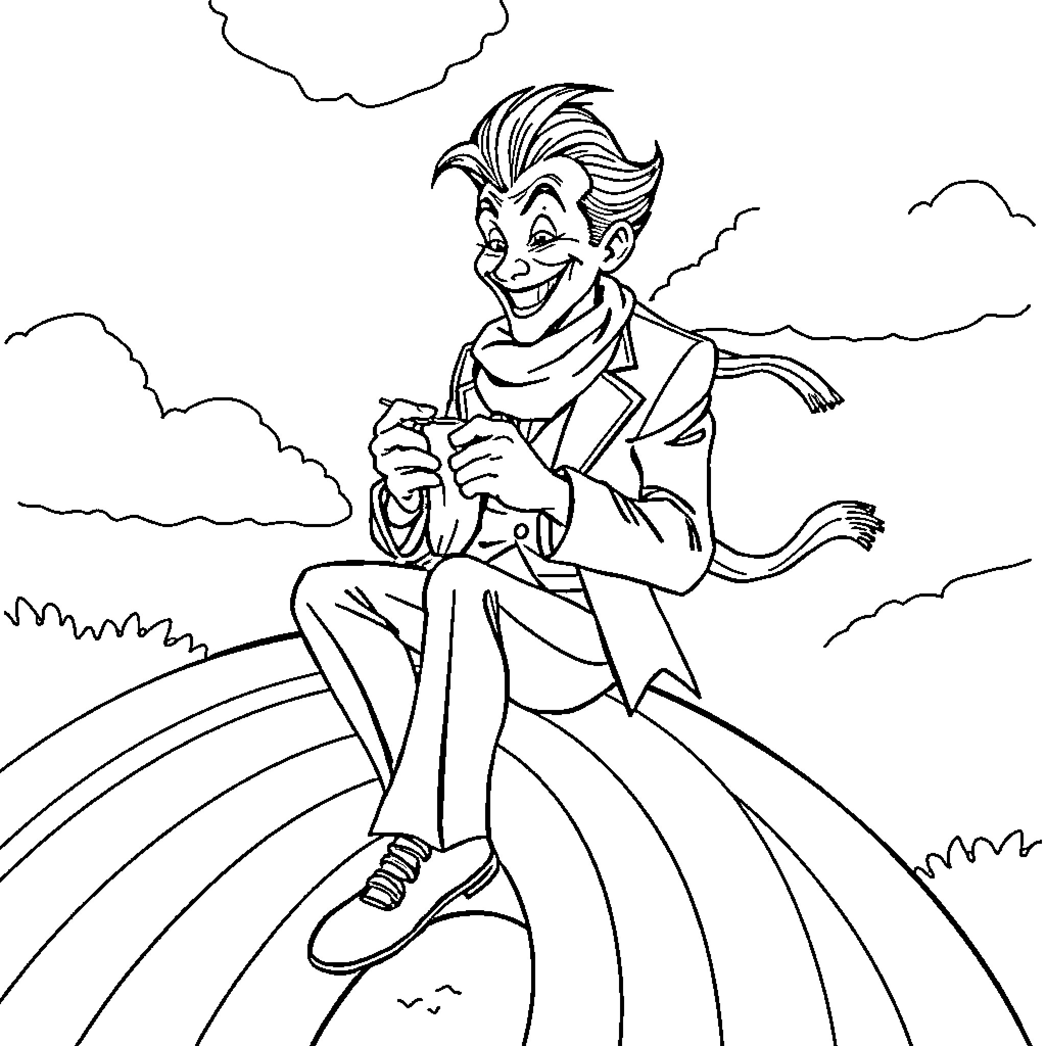 Joker in a playful mood outdoors Coloring Page (free black-and-white line drawing printable PDF for all, from beginners to advanced learners, including children, teens, adults, and seniors)