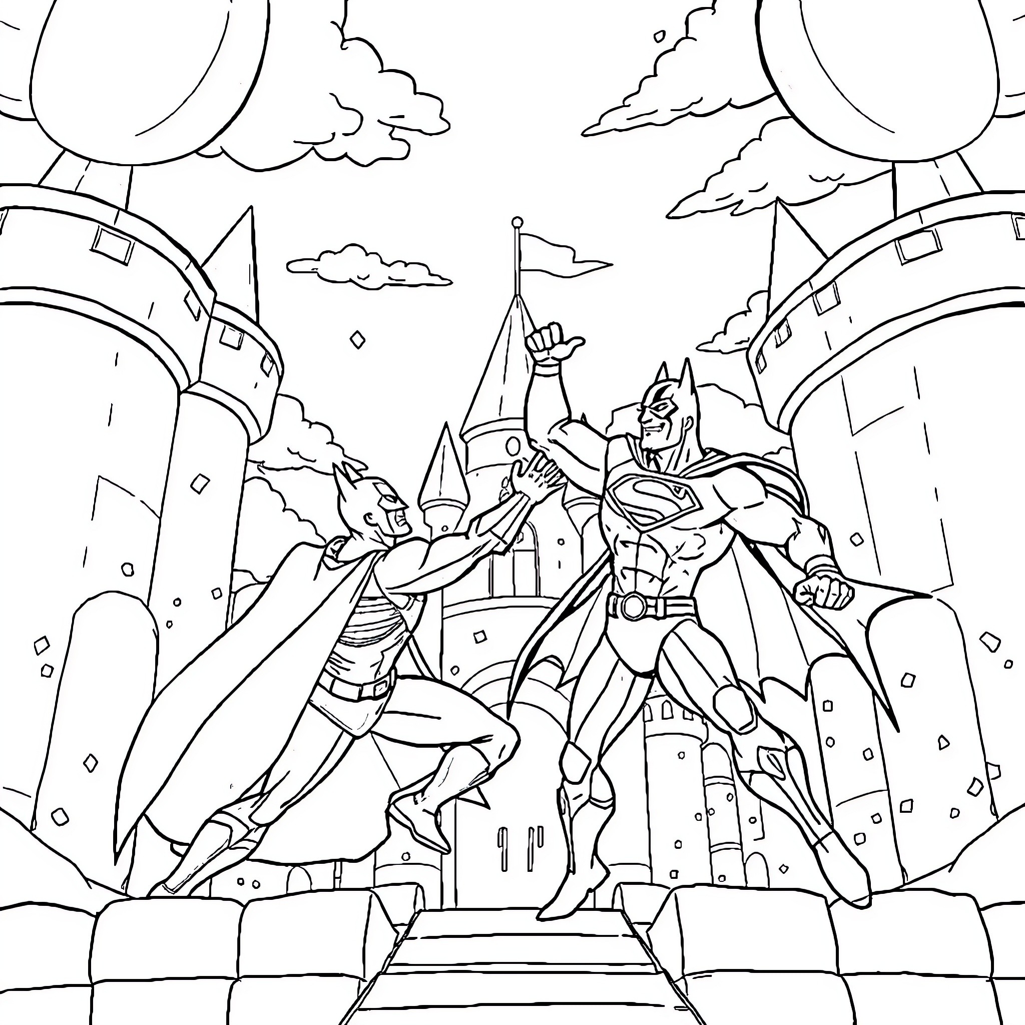 Superman heroically saving the city from villains Coloring Page (free black-and-white line drawing printable PDF for all, from beginners to advanced learners, including children, teens, adults, and seniors)