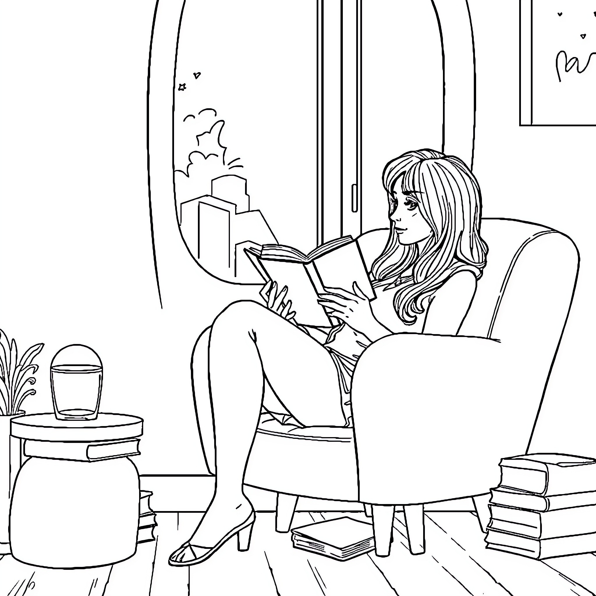 Ilza reading a book by the window Coloring Page (free black-and-white line drawing printable PDF for all, from beginners to advanced learners, including children, teens, adults, and seniors)