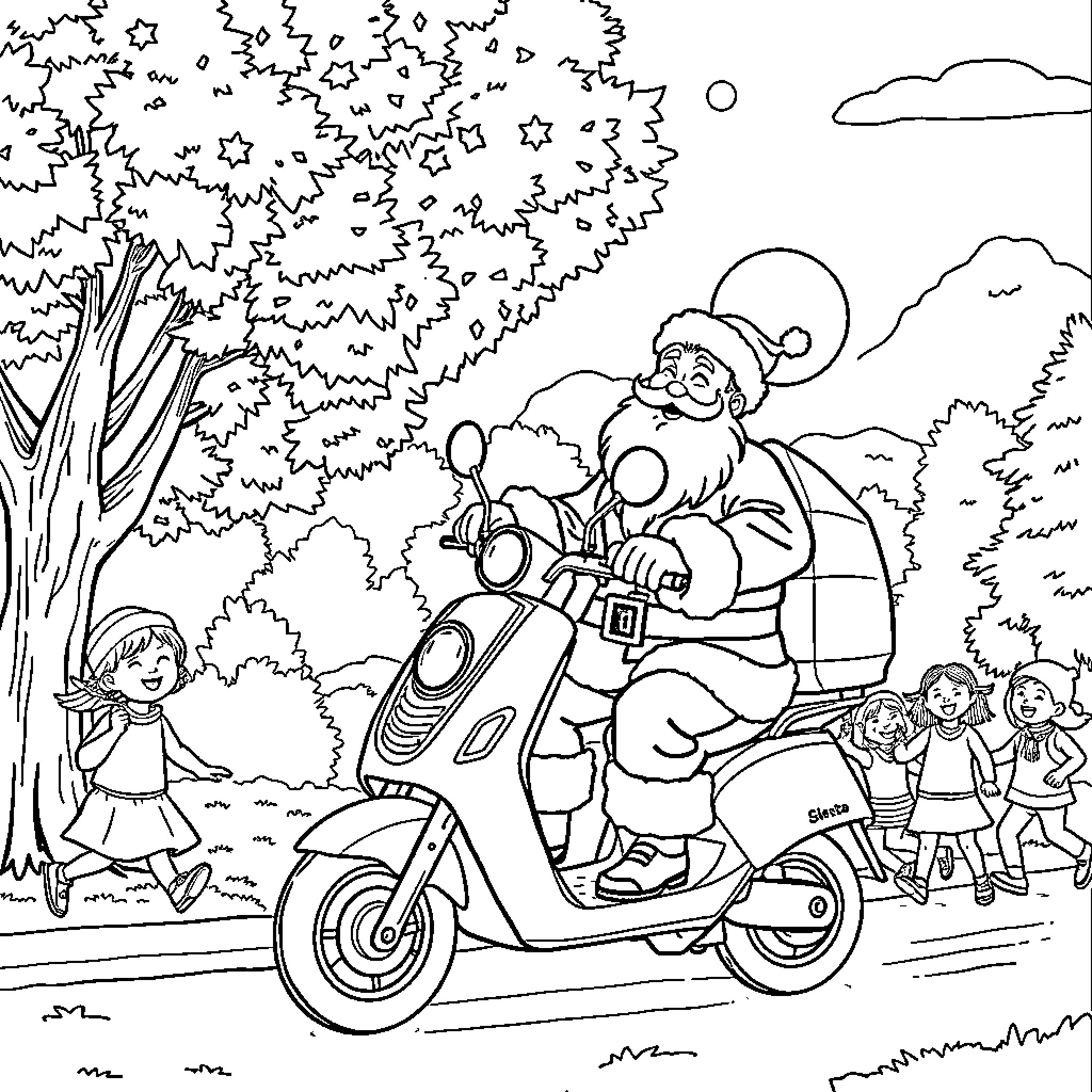 Santa riding a scooter with children in the park Coloring Page (free black-and-white line drawing printable PDF for all, from beginners to advanced learners, including children, teens, adults, and seniors)