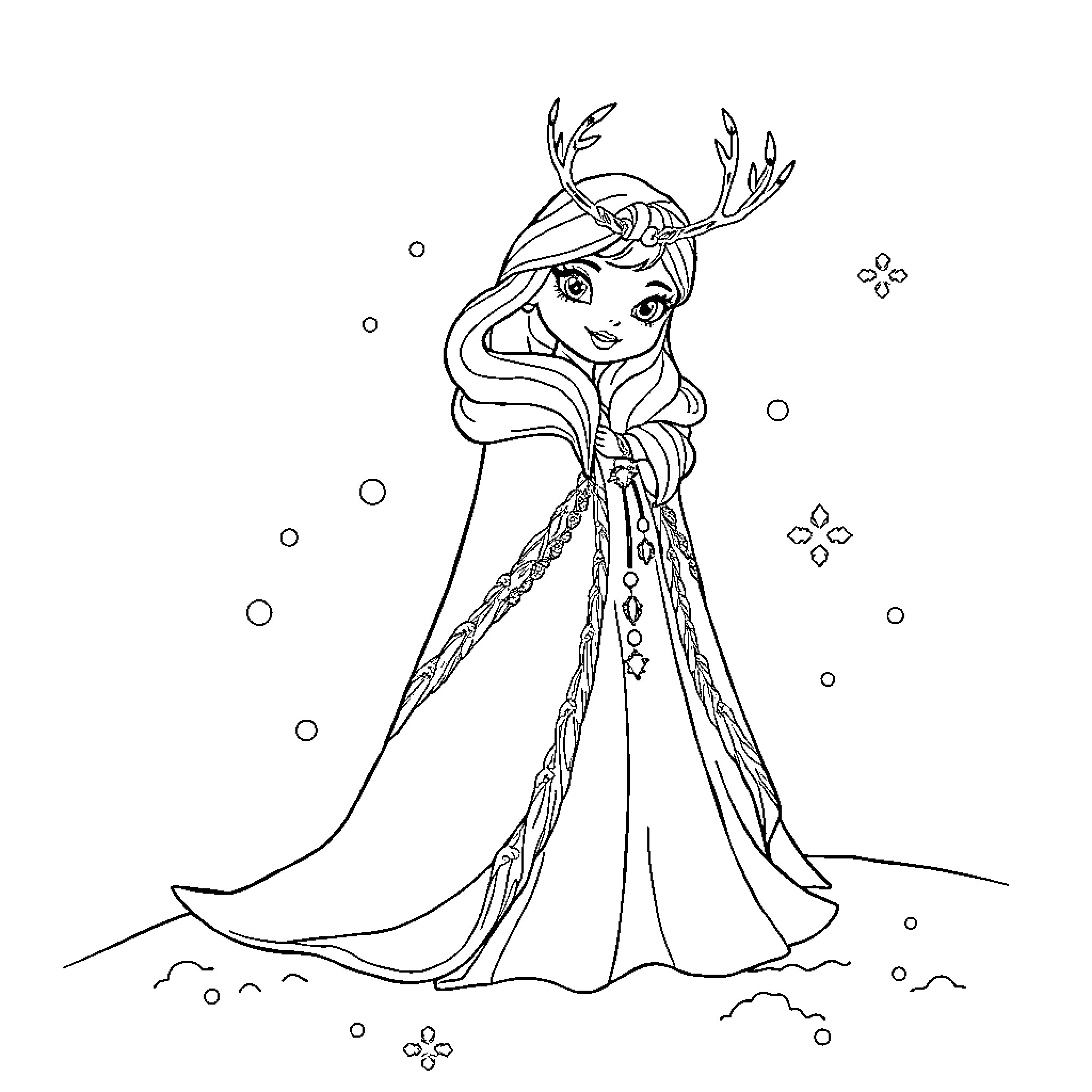Snow Queen in Elegant Winter Attire Coloring Page (free black-and-white line drawing printable PDF for all, from beginners to advanced learners, including children, teens, adults, and seniors)
