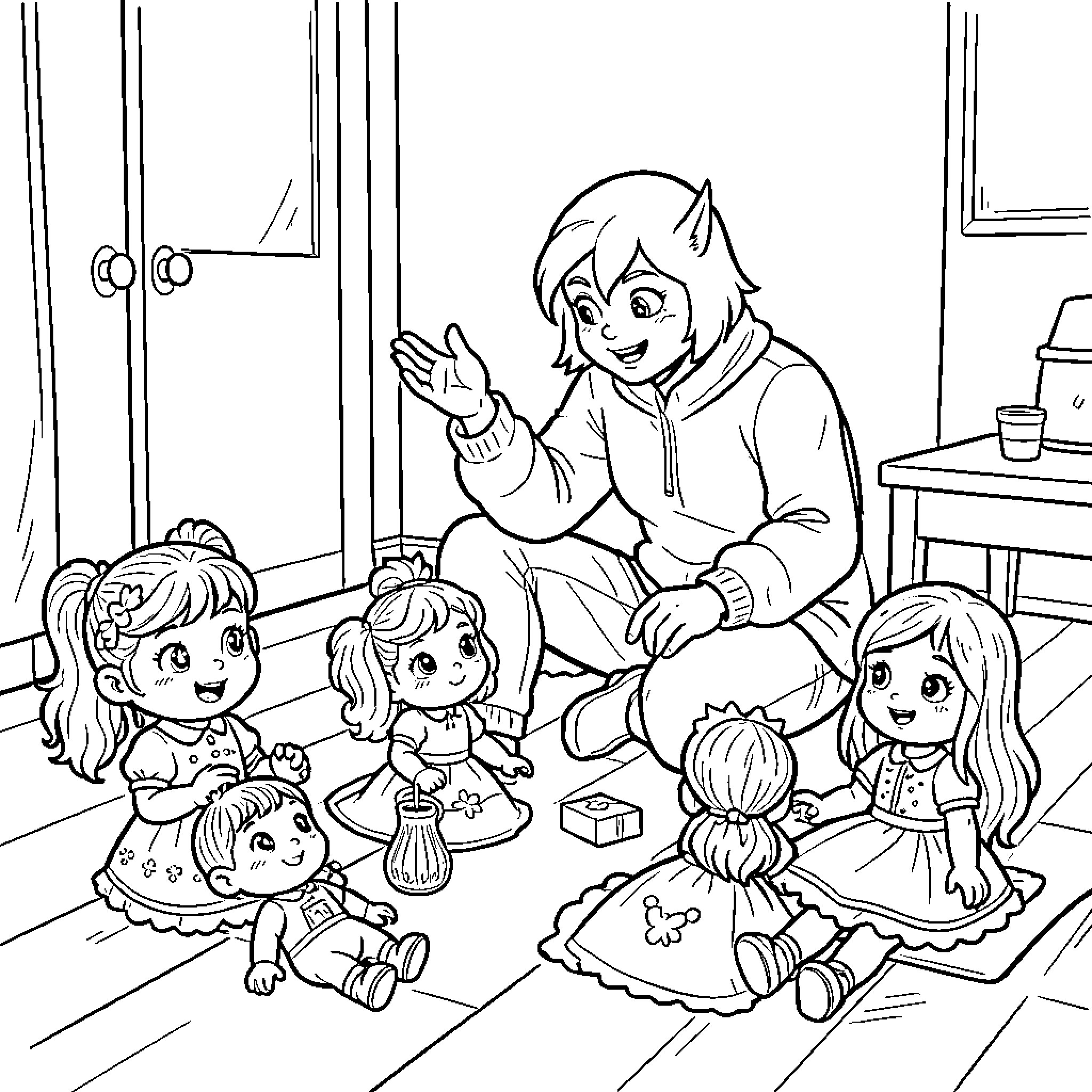 Huntrix character playing with dolls on the floor Coloring Page (free black-and-white line drawing printable PDF for all, from beginners to advanced learners, including children, teens, adults, and seniors)