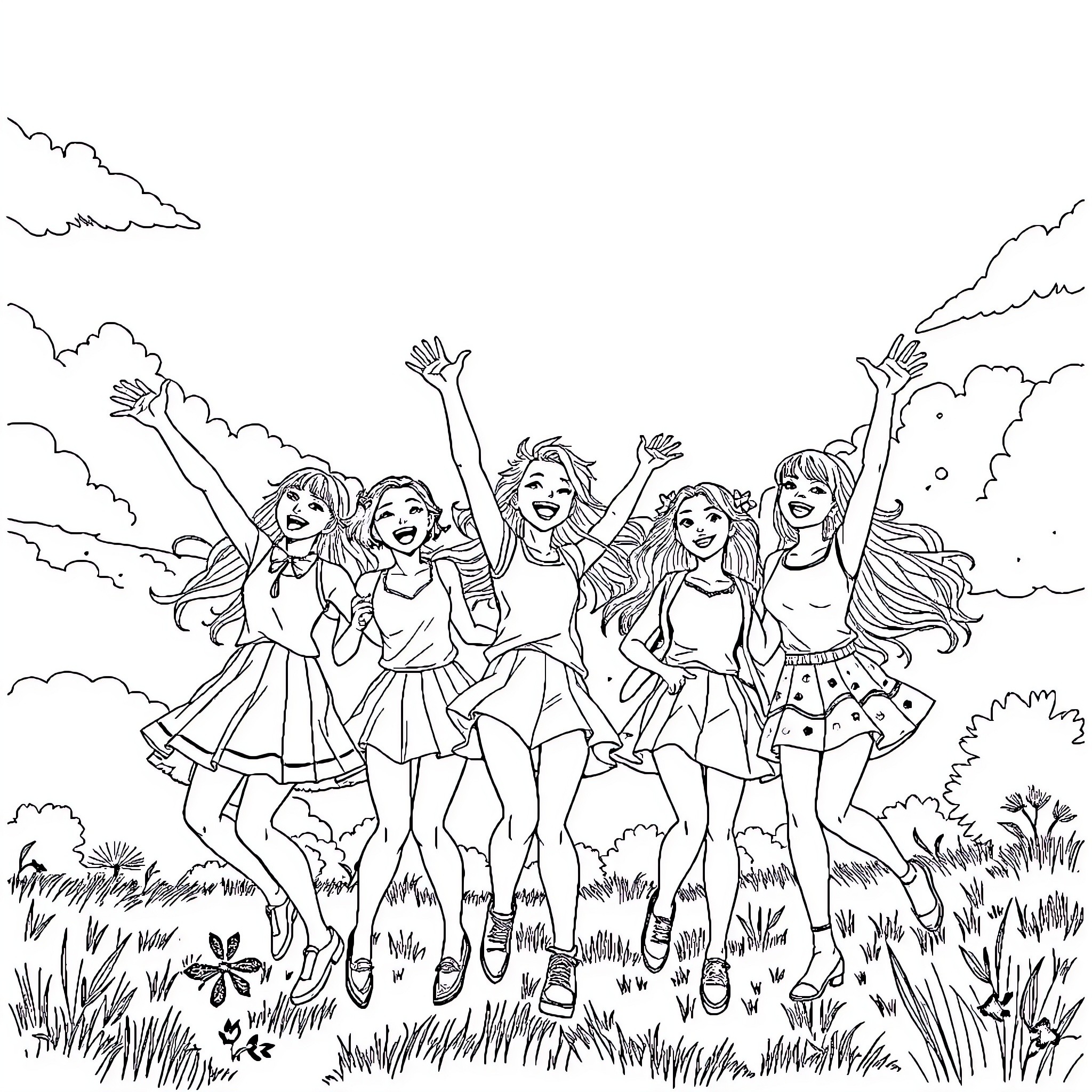 Rainbow High Friends Celebrate in the Meadow Coloring Page (free black-and-white line drawing printable PDF for all, from beginners to advanced learners, including children, teens, adults, and seniors)