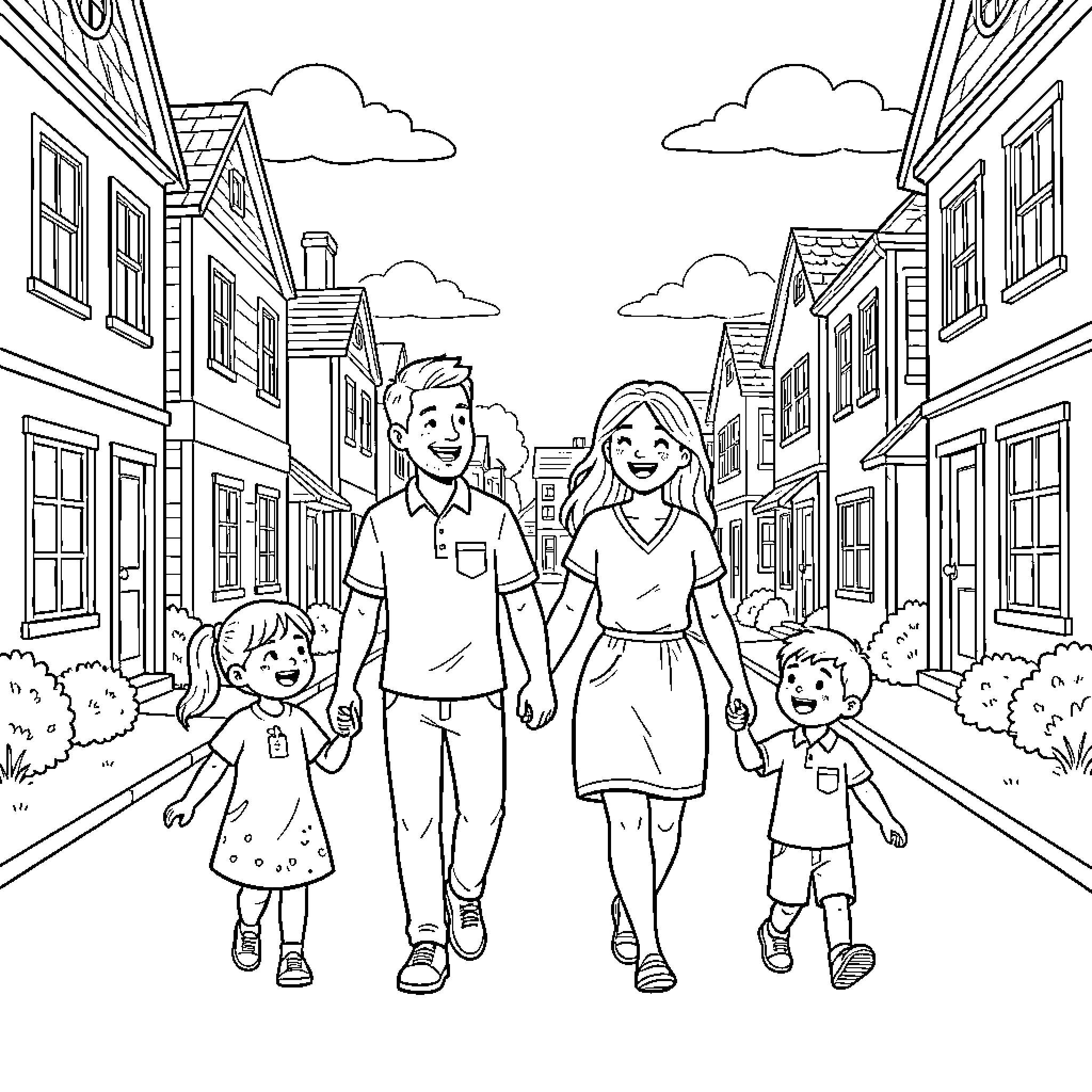 Family Strolling Down Charming Town Street Coloring Page (free black-and-white line drawing printable PDF for all, from beginners to advanced learners, including children, teens, adults, and seniors)