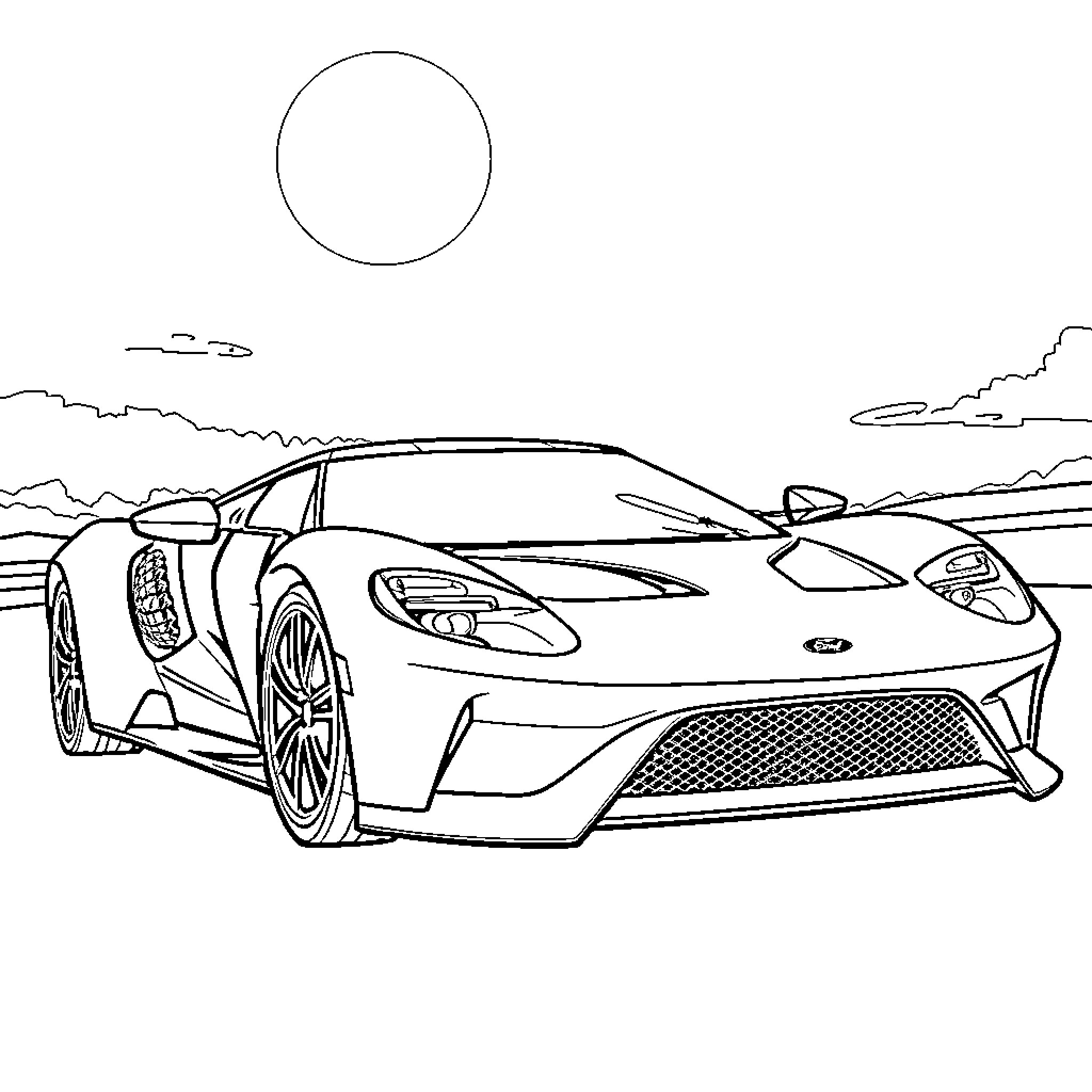 Ford GT speeding through the countryside Coloring Page (free black-and-white line drawing printable PDF for all, from beginners to advanced learners, including children, teens, adults, and seniors)