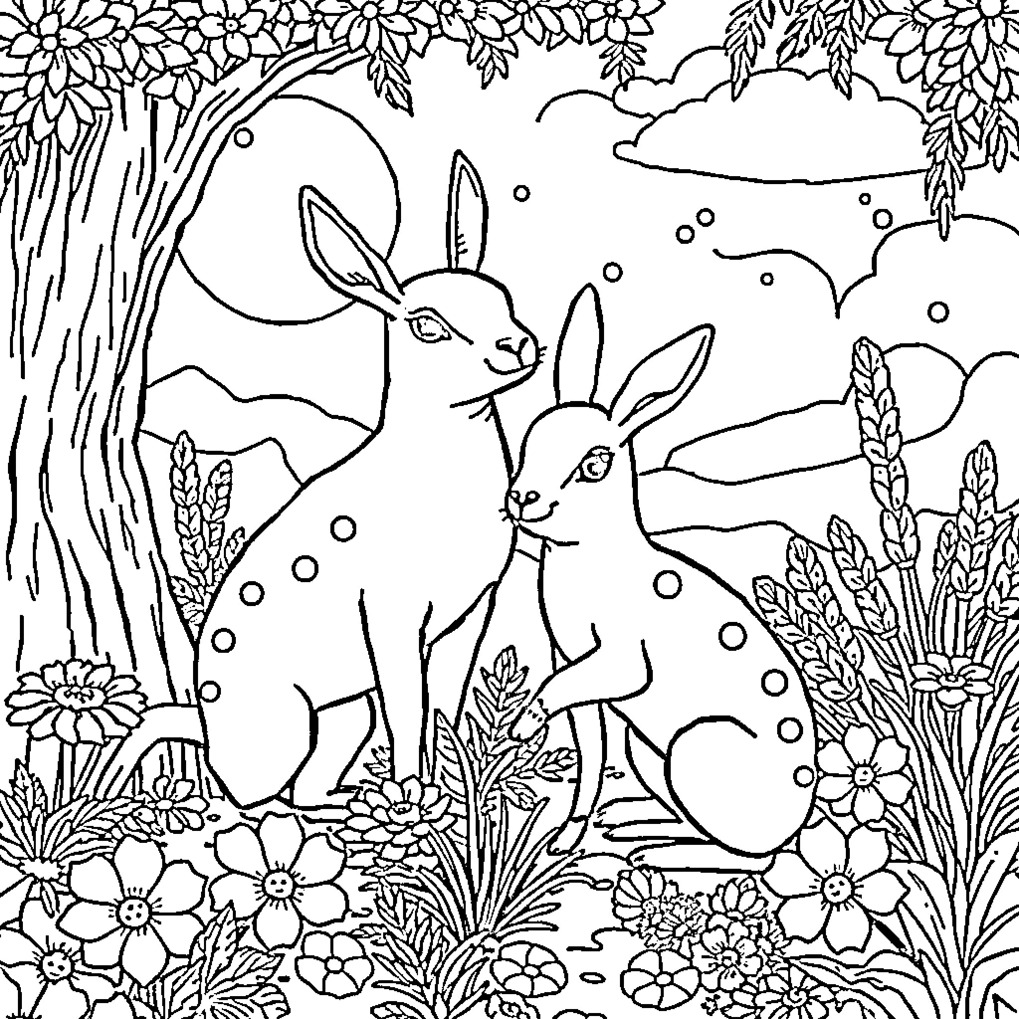 Capybara Enjoying the Serene Forest Scenery Coloring Page (free black-and-white line drawing printable PDF for all, from beginners to advanced learners, including children, teens, adults, and seniors)