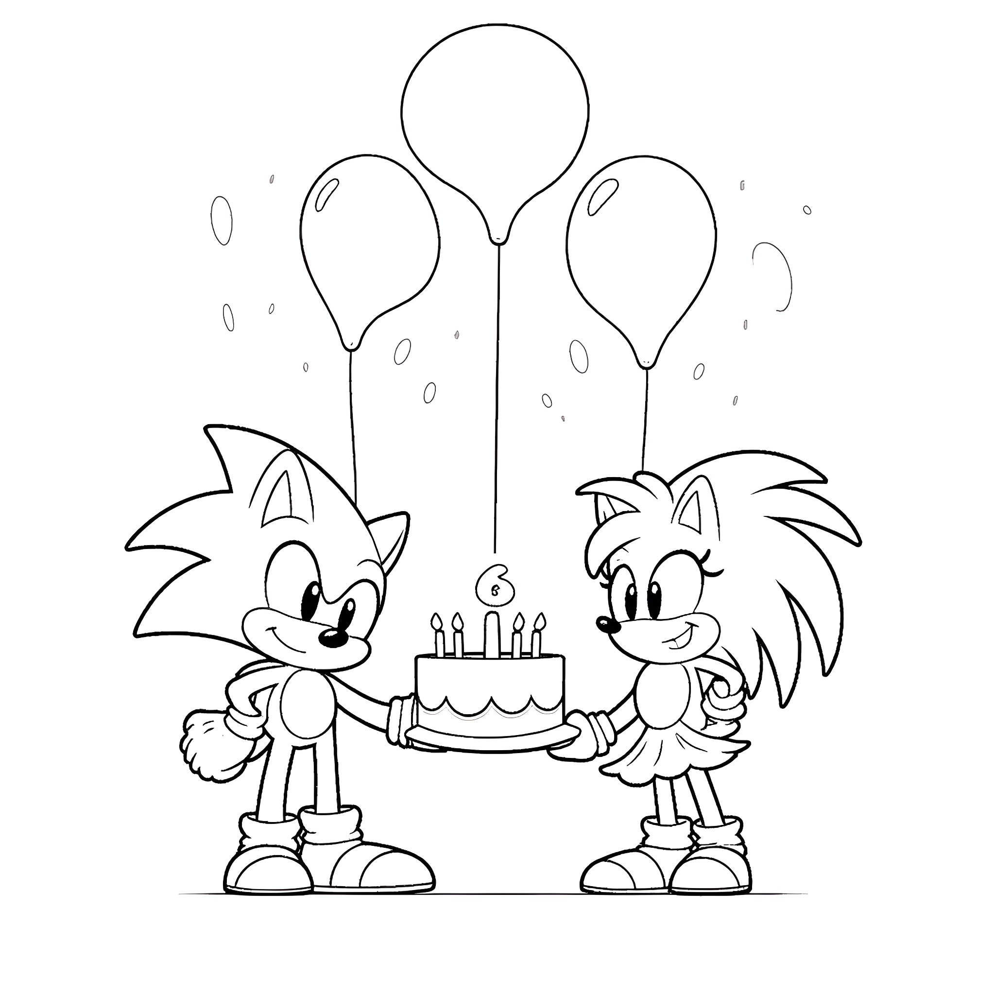 Sonic characters celebrating with birthday cake and balloons Coloring Page (free black-and-white line drawing printable PDF for all, from beginners to advanced learners, including children, teens, adults, and seniors)