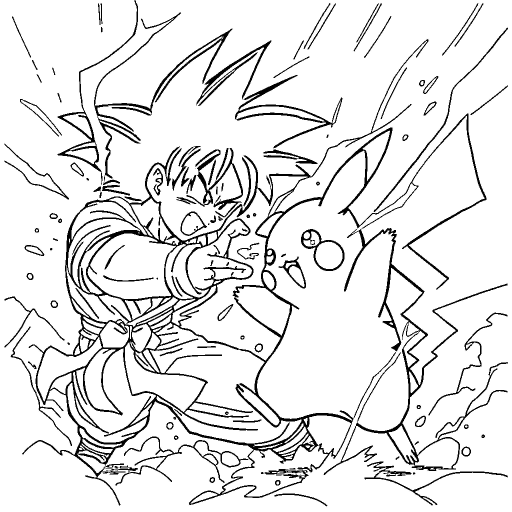 Pikachu and Goku engaging in an epic battle Coloring Page (free black-and-white line drawing printable PDF for all, from beginners to advanced learners, including children, teens, adults, and seniors)