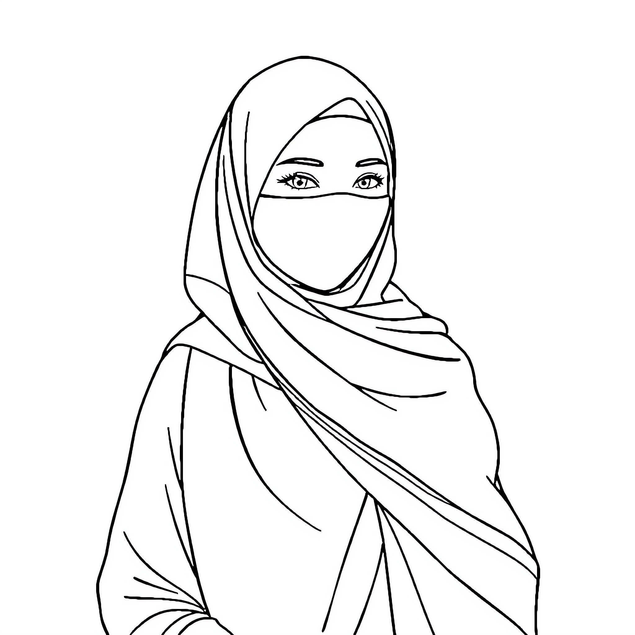 Woman in modest Islamic attire Coloring Page (free black-and-white line drawing printable PDF for all, from beginners to advanced learners, including children, teens, adults, and seniors)
