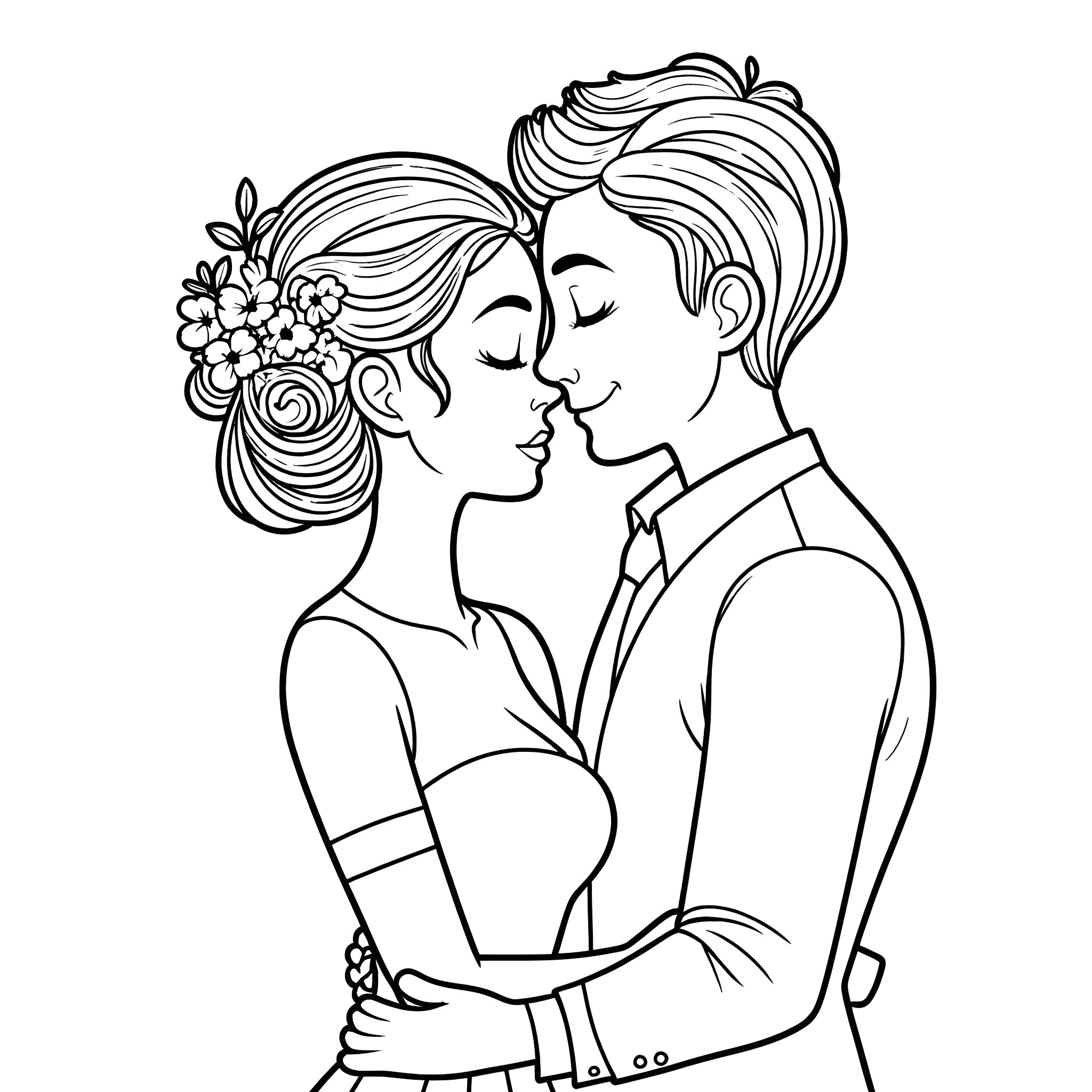 Flower couple embracing lovingly Coloring Page (free black-and-white line drawing printable PDF for all, from beginners to advanced learners, including children, teens, adults, and seniors)