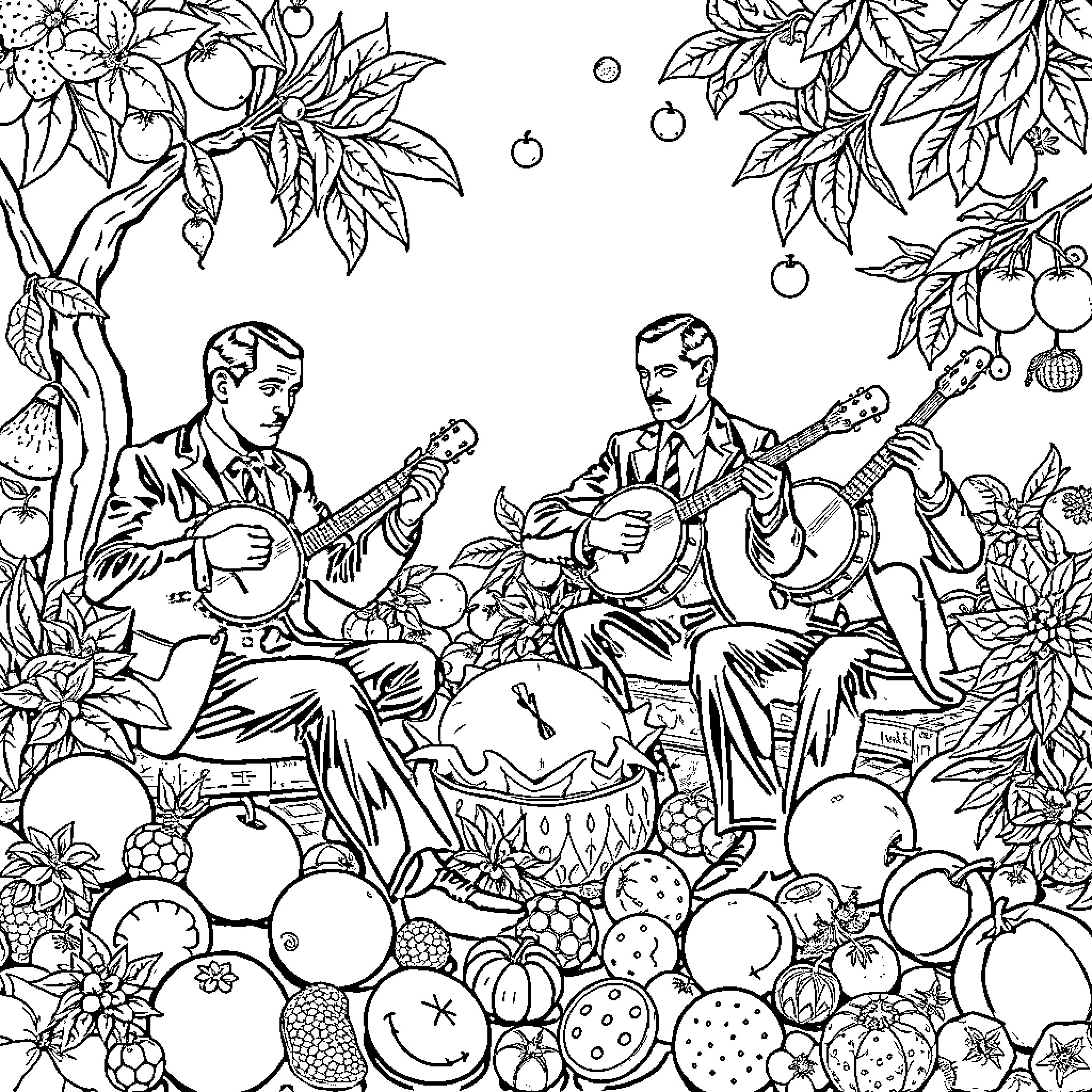 Banjo Players Amid Vibrant Botanical Surroundings Coloring Page (free black-and-white line drawing printable PDF for all, from beginners to advanced learners, including children, teens, adults, and seniors)