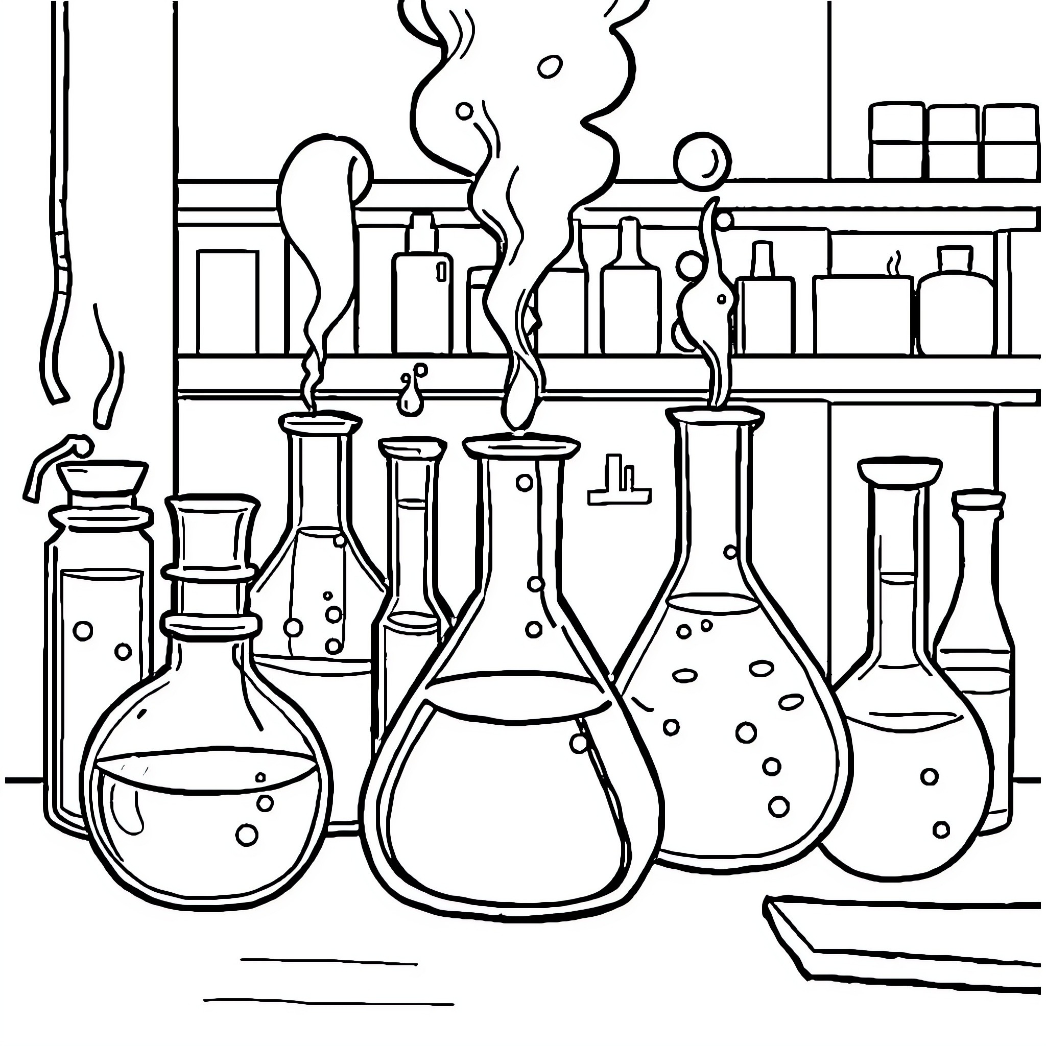 Chemistry Lab Equipment and Experiments Coloring Page (free black-and-white line drawing printable PDF for all, from beginners to advanced learners, including children, teens, adults, and seniors)