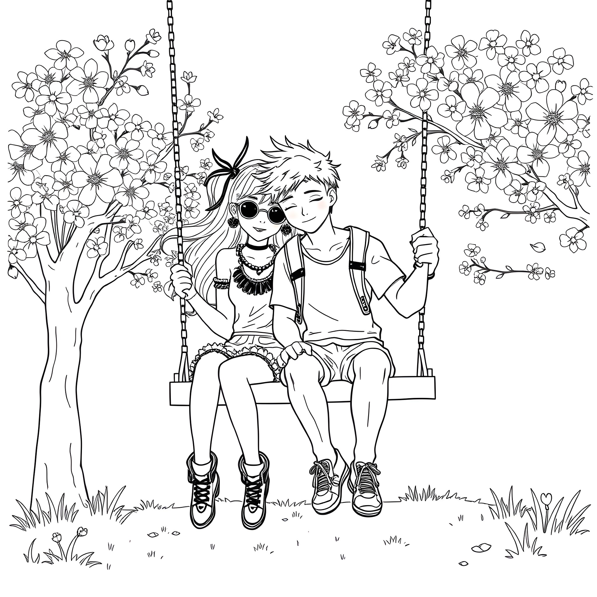Girl and Boy Enjoying Swing in Blooming Garden Coloring Page (free black-and-white line drawing printable PDF for all, from beginners to advanced learners, including children, teens, adults, and seniors)