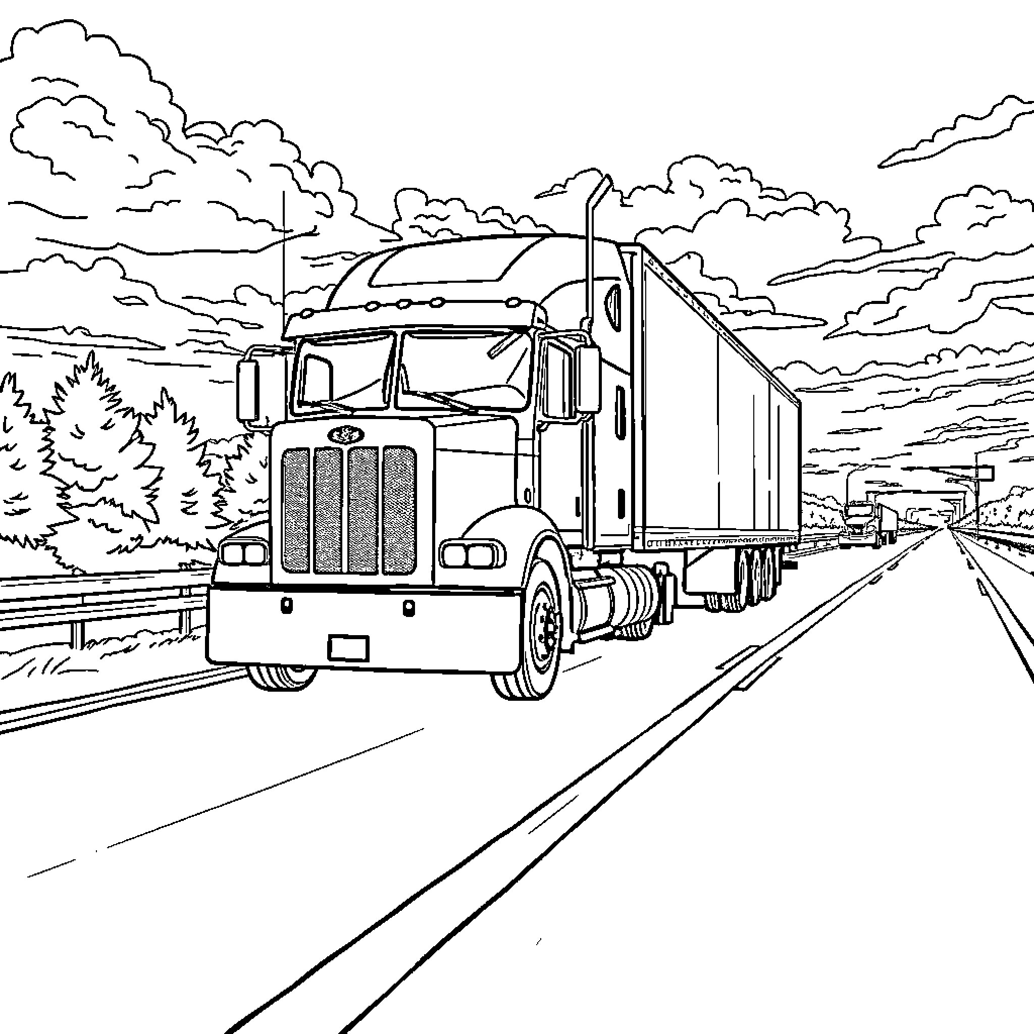 Truck transporting cargo on open highway Coloring Page (free black-and-white line drawing printable PDF for all, from beginners to advanced learners, including children, teens, adults, and seniors)