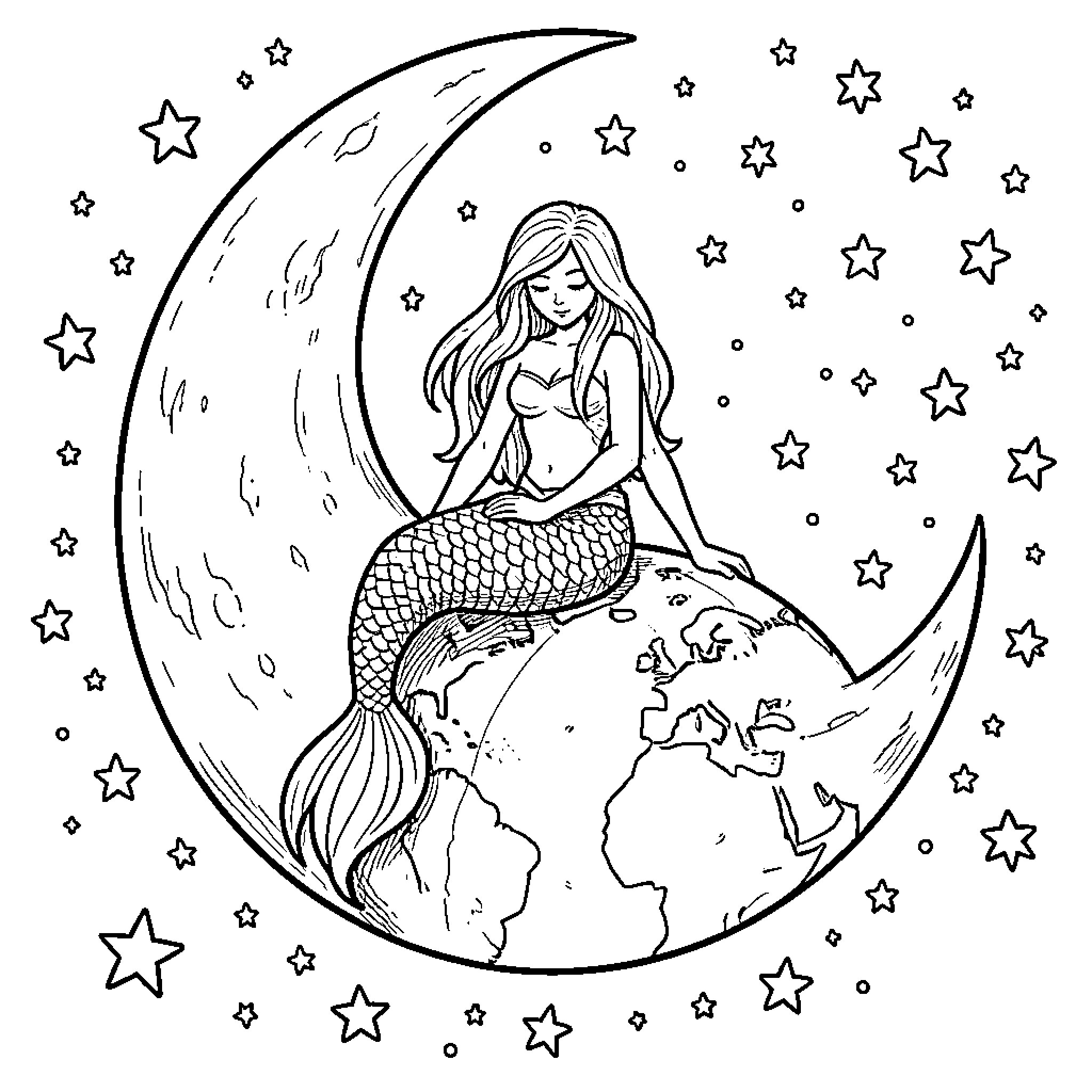 Mermaid sitting calmly on the earth and moon Coloring Page (free black-and-white line drawing printable PDF for all, from beginners to advanced learners, including children, teens, adults, and seniors)
