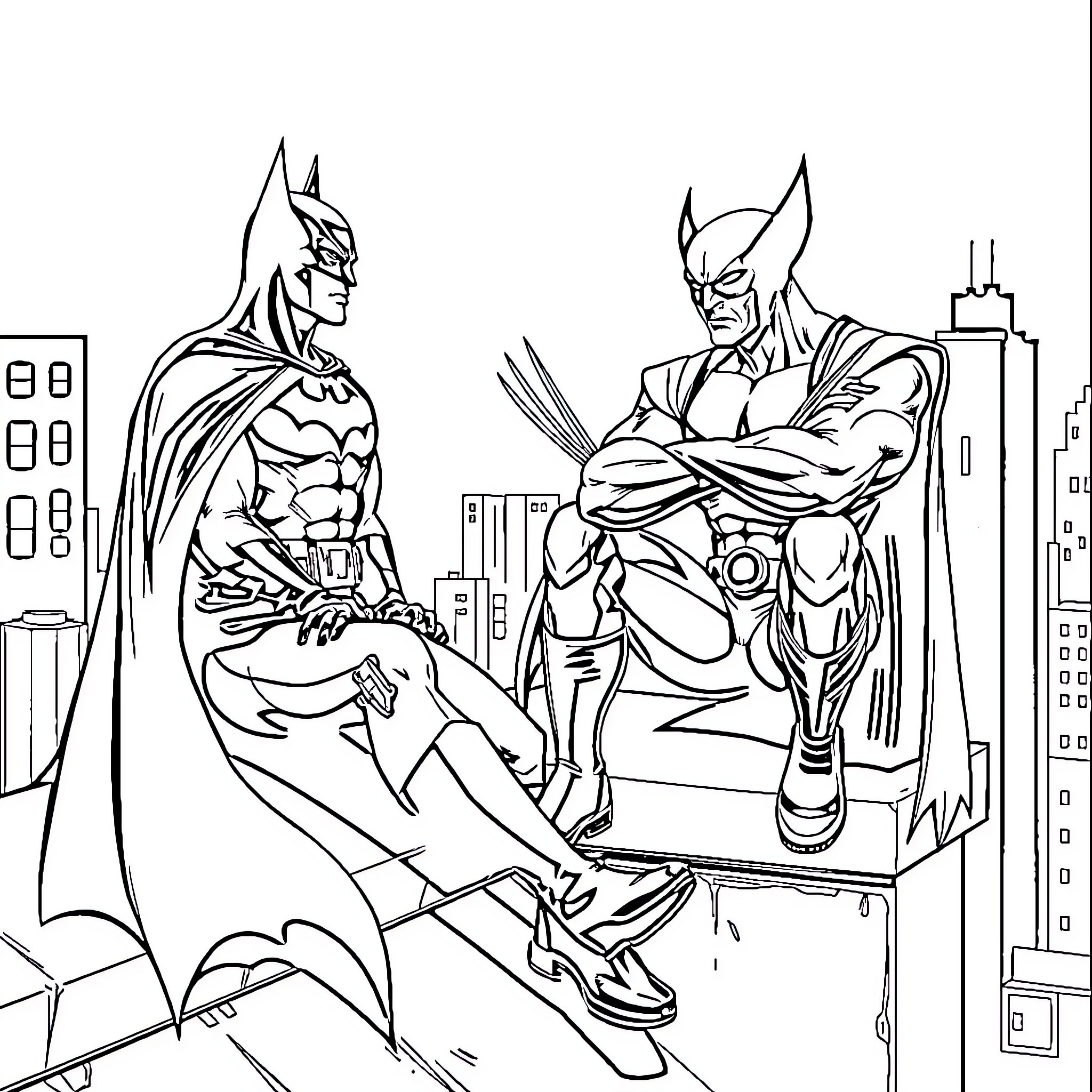 Batman and Wolverine in action-packed battle Coloring Page (free black-and-white line drawing printable PDF for all, from beginners to advanced learners, including children, teens, adults, and seniors)