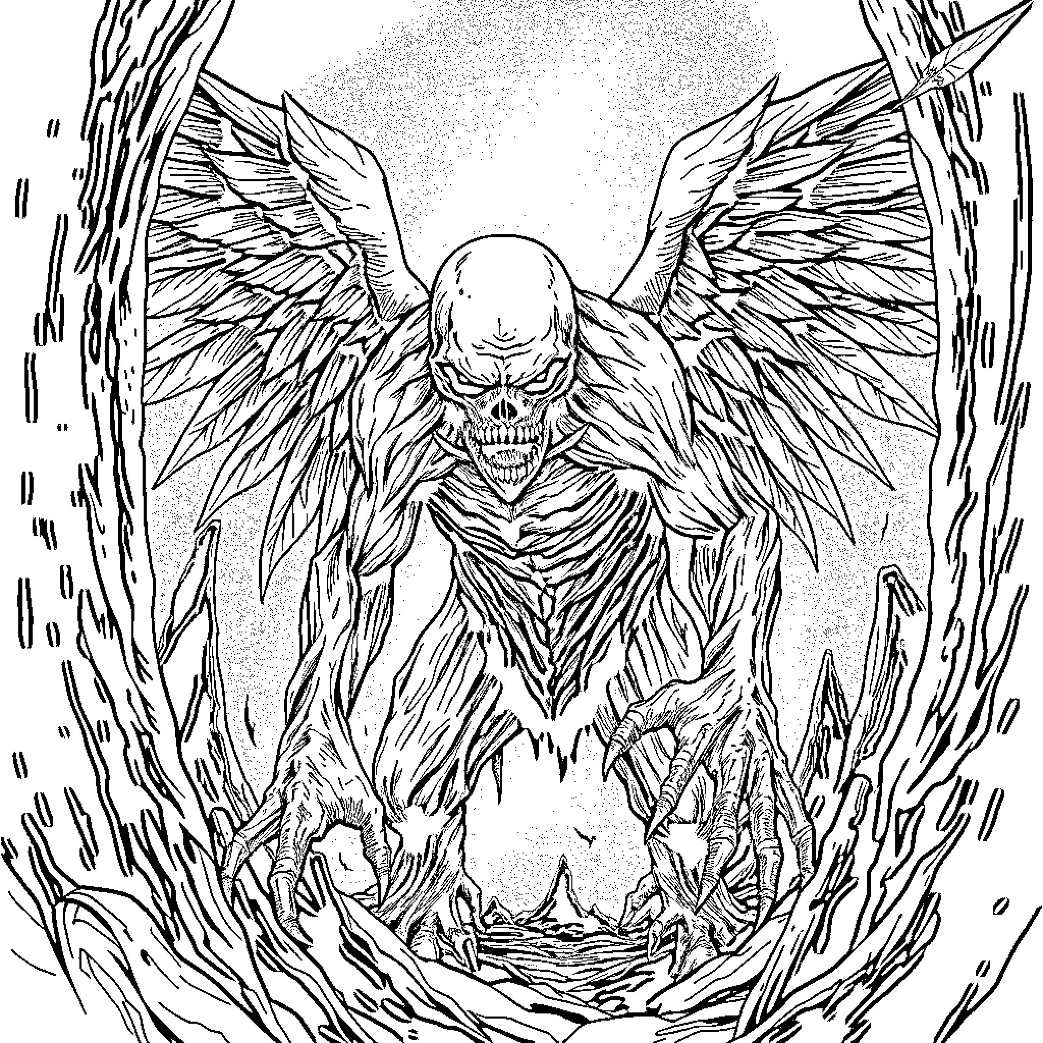 Angel of Death with Majestic Wings Coloring Page (free black-and-white line drawing printable PDF for all, from beginners to advanced learners, including children, teens, adults, and seniors)