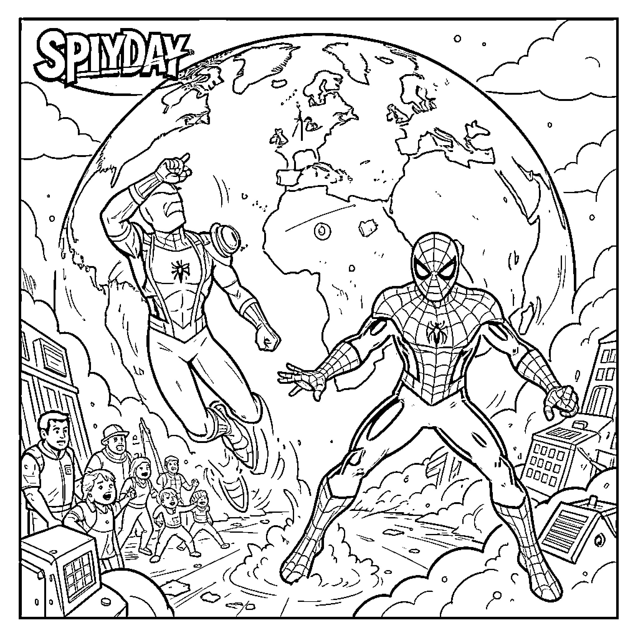 Spider-Man and Superhero Battling Villains Globally Coloring Page (free black-and-white line drawing printable PDF for all, from beginners to advanced learners, including children, teens, adults, and seniors)