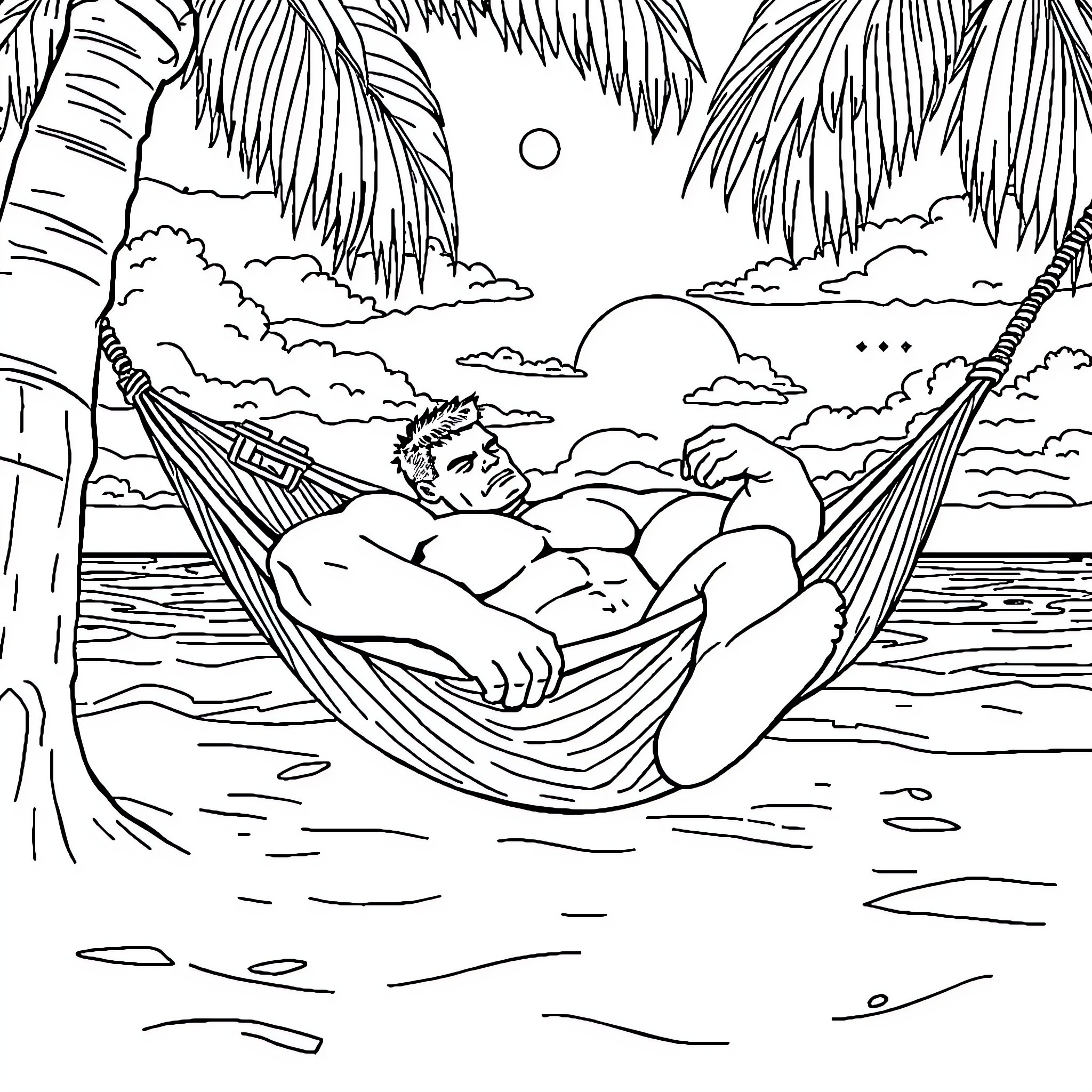 Hulk relaxing in a hammock by the beach Coloring Page (free black-and-white line drawing printable PDF for all, from beginners to advanced learners, including children, teens, adults, and seniors)