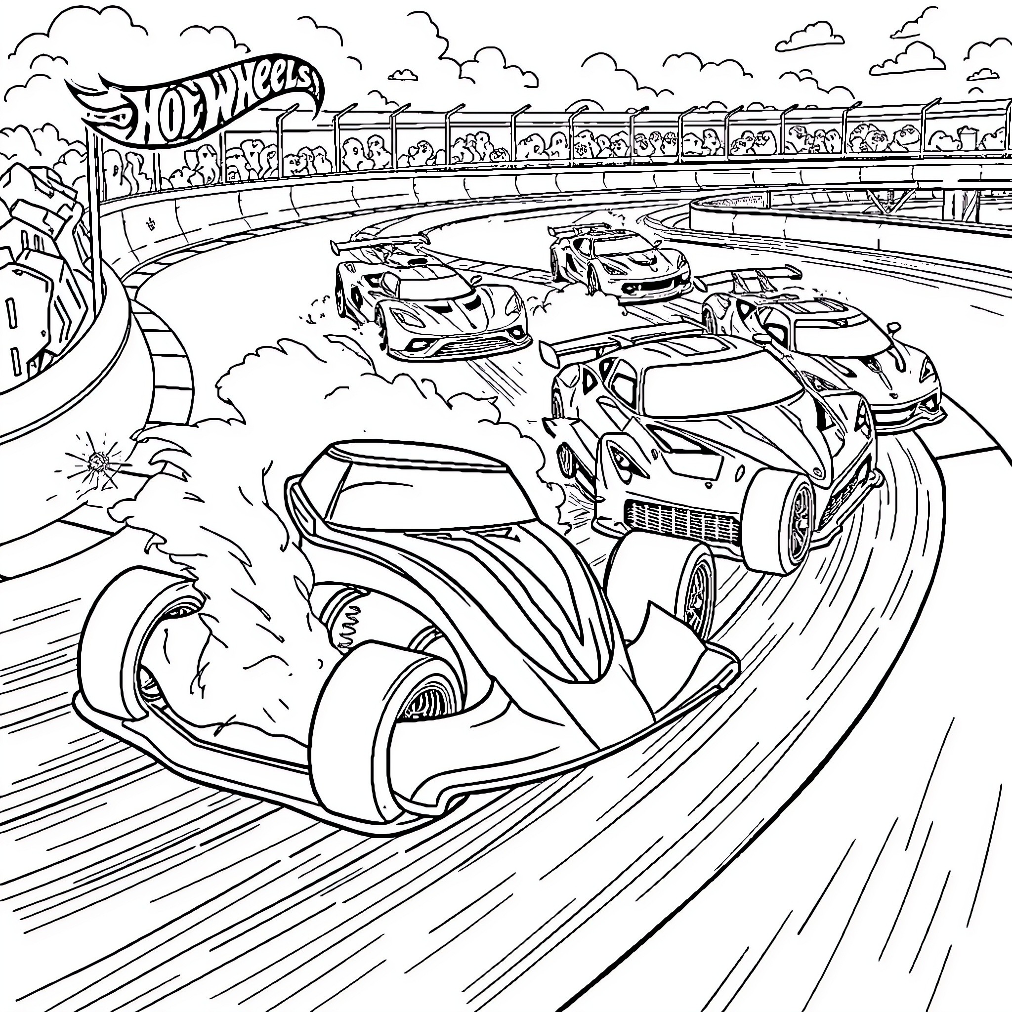 Hot Wheels Race Track with Speeding Cars Coloring Page (free black-and-white line drawing printable PDF for all, from beginners to advanced learners, including children, teens, adults, and seniors)