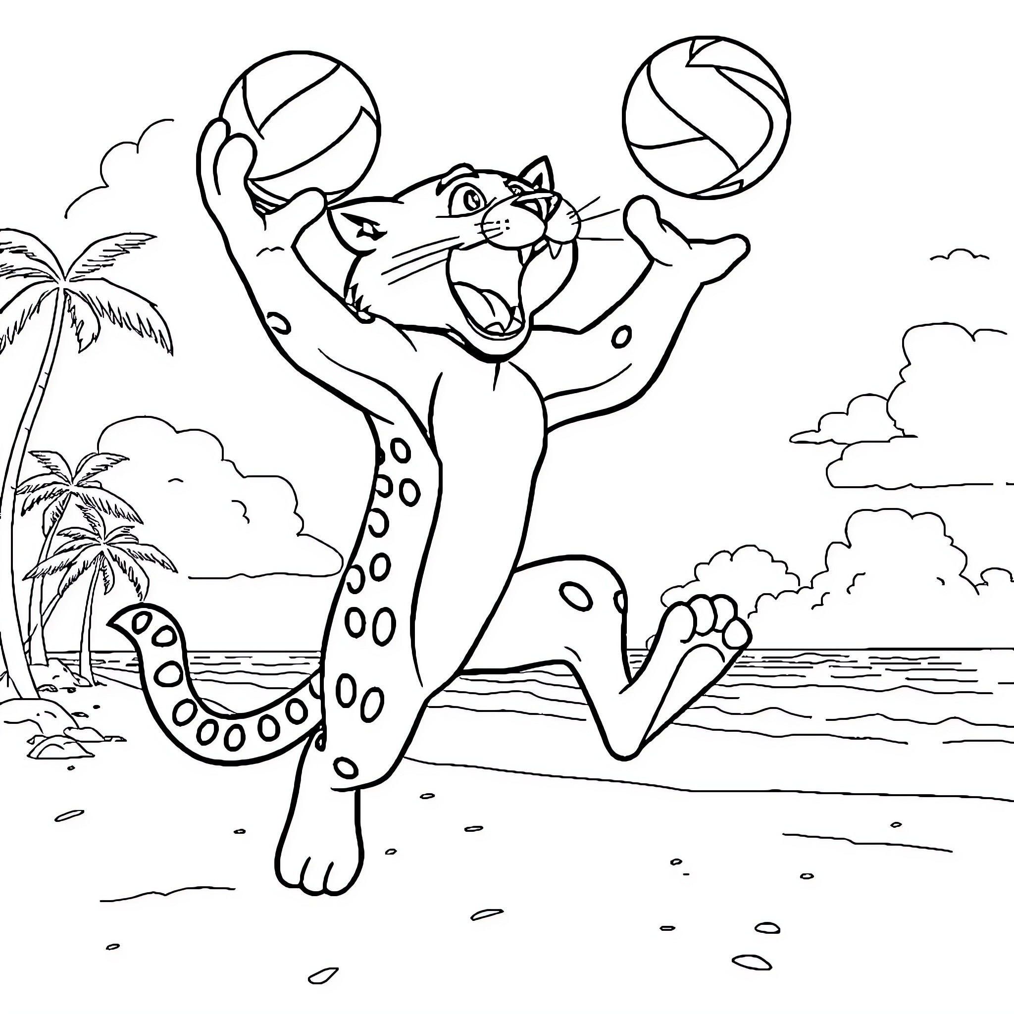 Cougar playing joyfully with beach ball on tropical beach Coloring Page (free black-and-white line drawing printable PDF for all, from beginners to advanced learners, including children, teens, adults, and seniors)