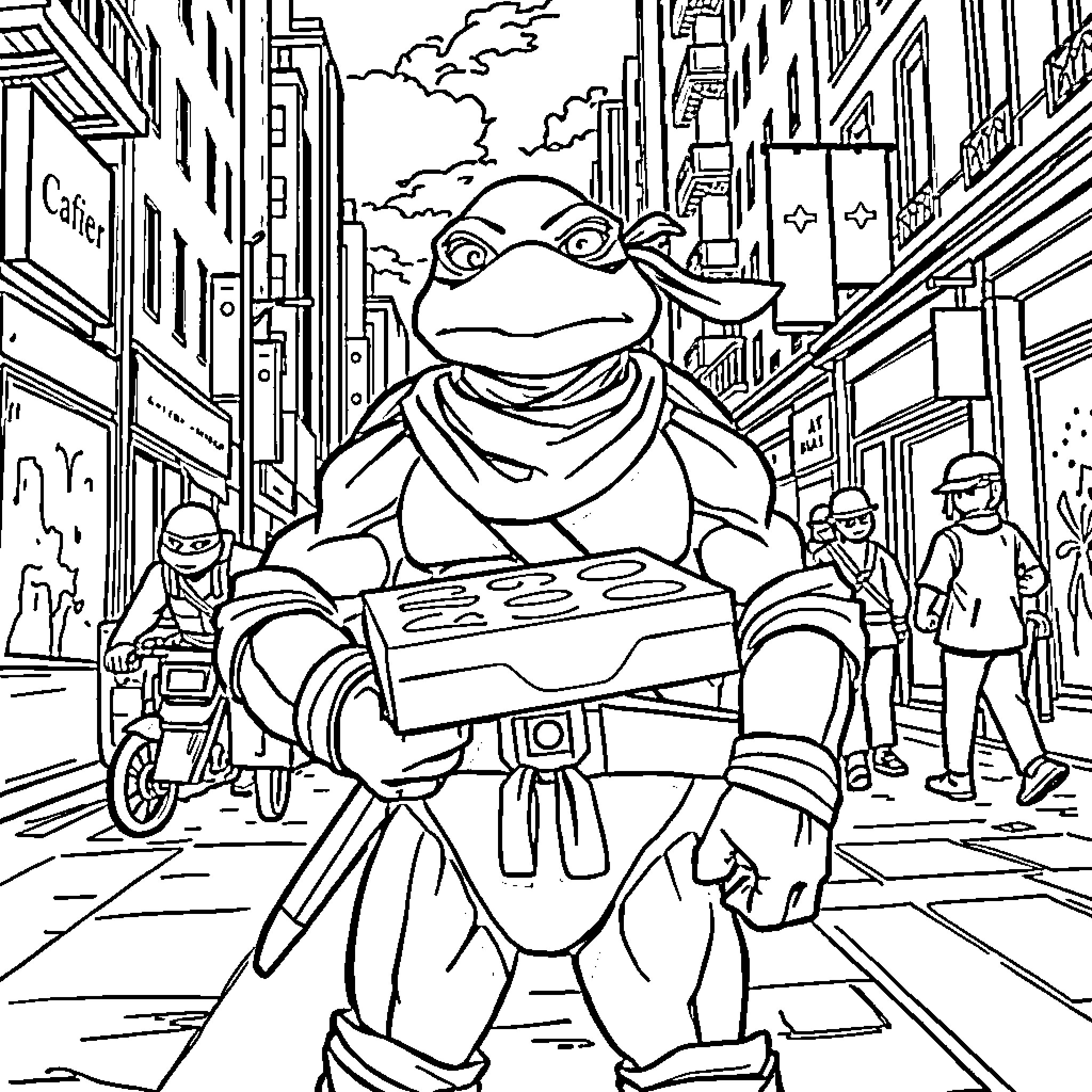 Ninja Turtle exploring a bustling city street Coloring Page (free black-and-white line drawing printable PDF for all, from beginners to advanced learners, including children, teens, adults, and seniors)