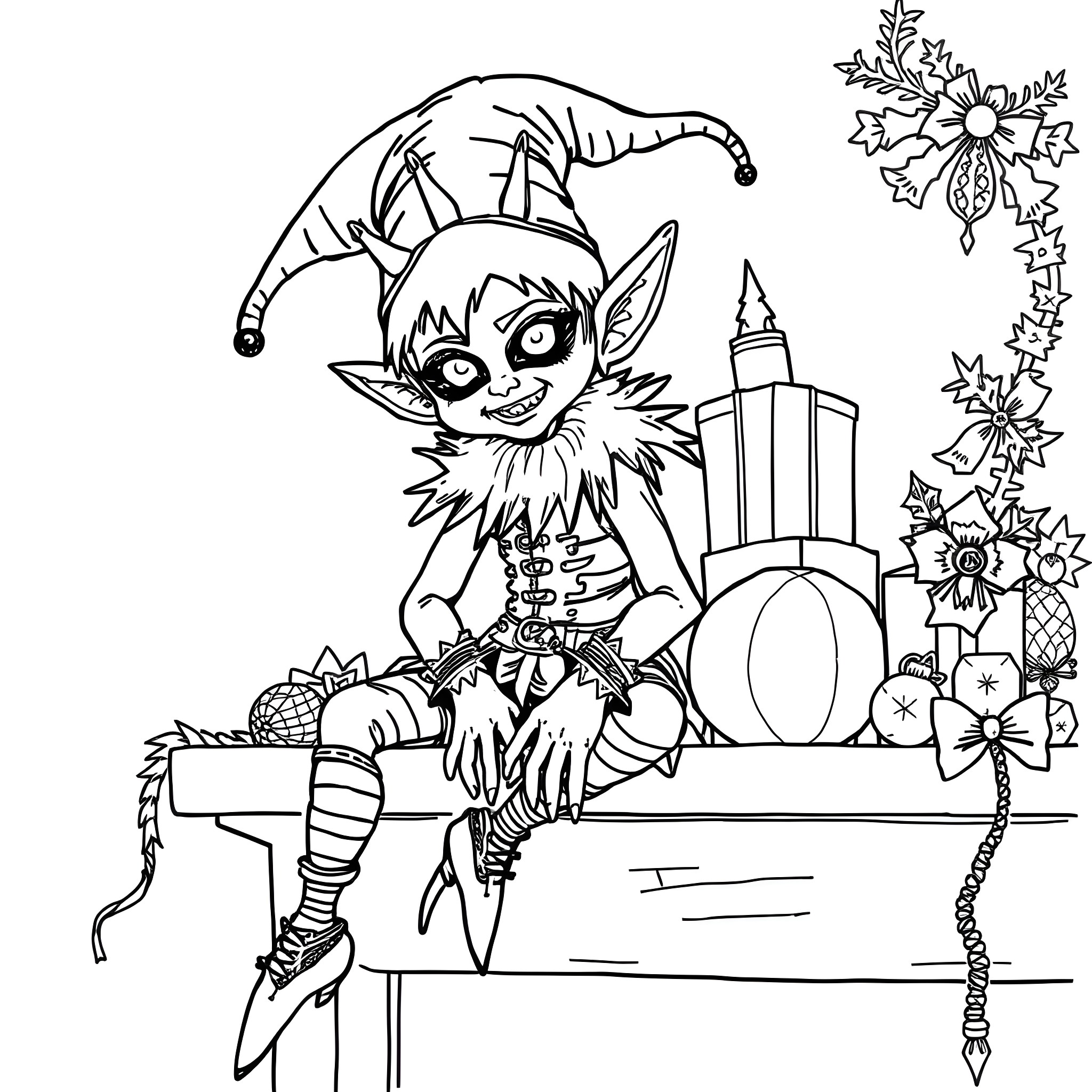 Elf Decorating Holiday Scene with Ornaments and Flowers Coloring Page (free black-and-white line drawing printable PDF for all, from beginners to advanced learners, including children, teens, adults, and seniors)
