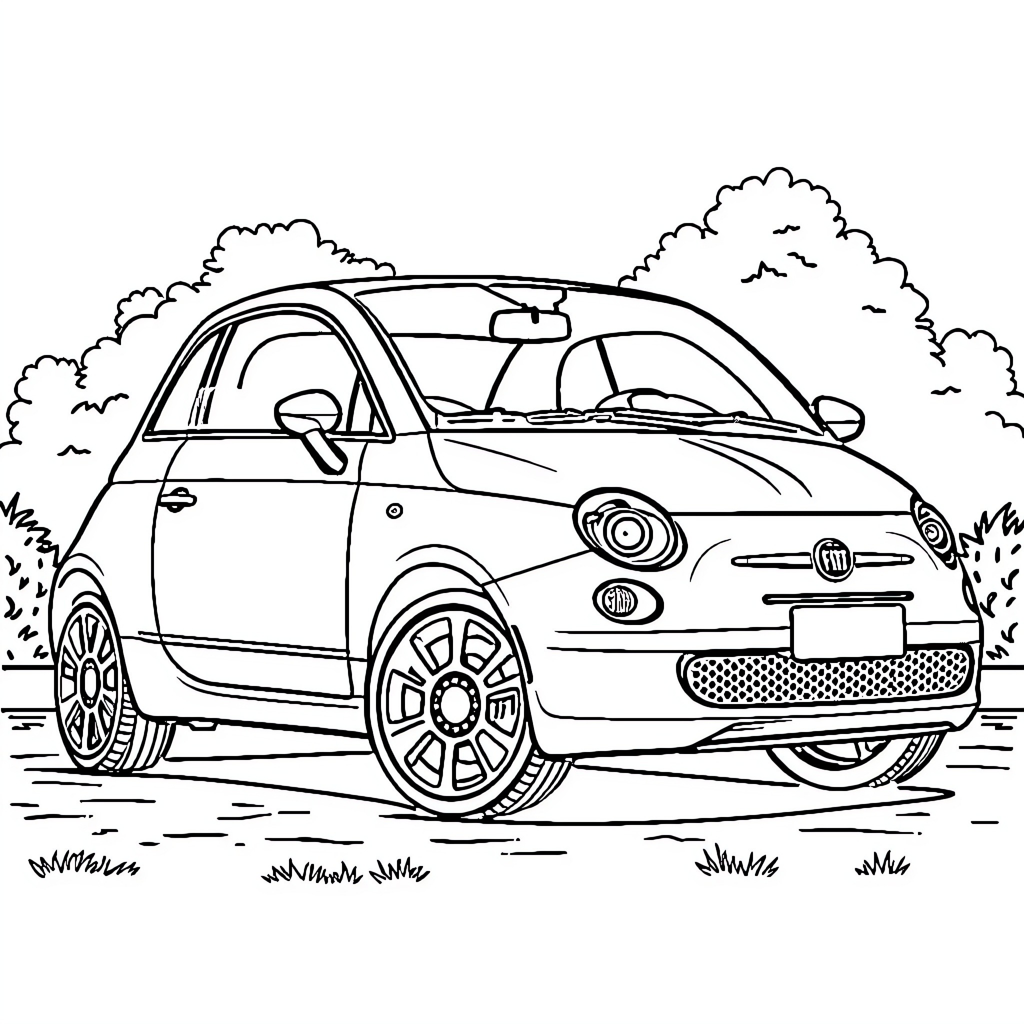 Fiat 500 driving in the countryside Coloring Page (free black-and-white line drawing printable PDF for all, from beginners to advanced learners, including children, teens, adults, and seniors)