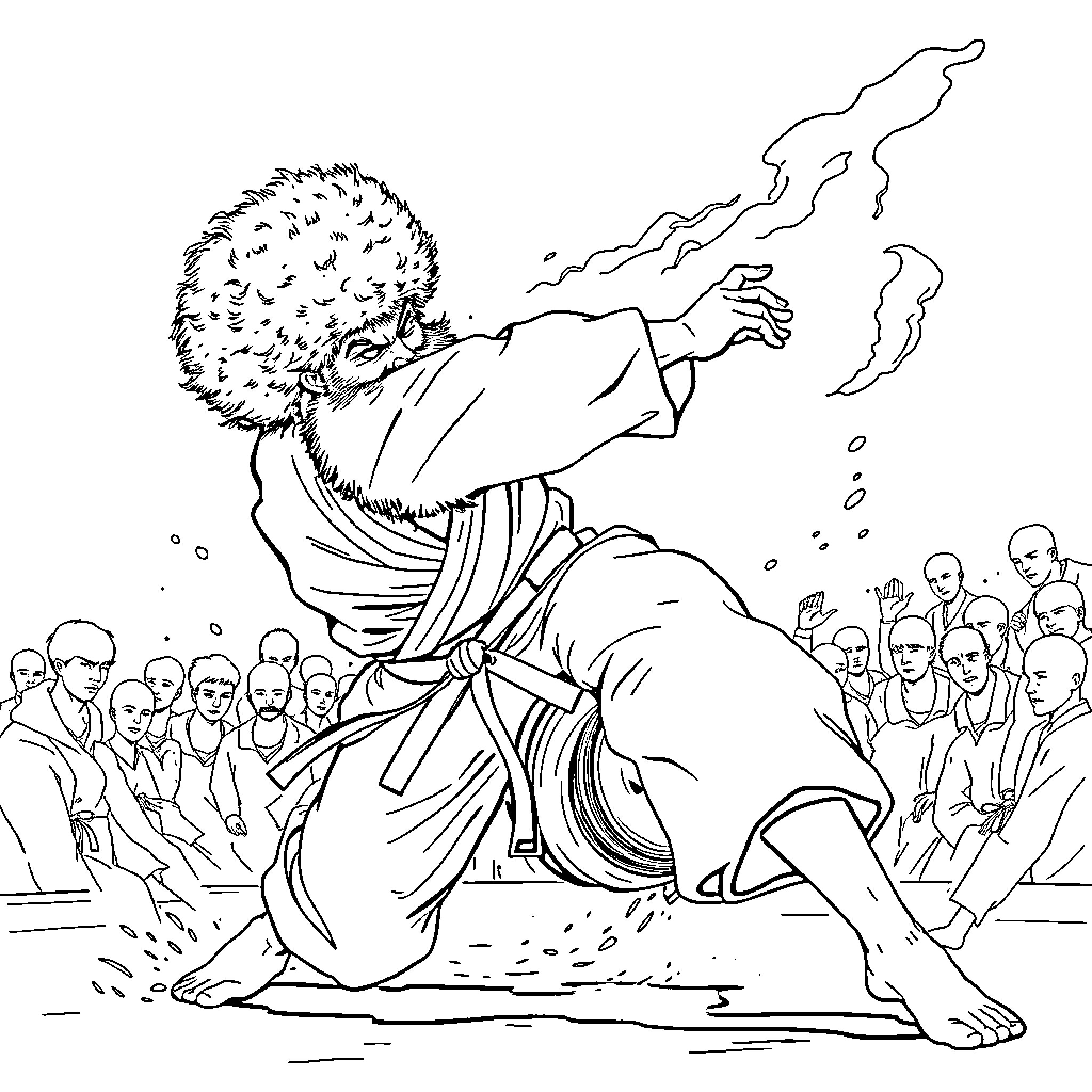 Judoka in intense grappling match with spectators Coloring Page (free black-and-white line drawing printable PDF for all, from beginners to advanced learners, including children, teens, adults, and seniors)