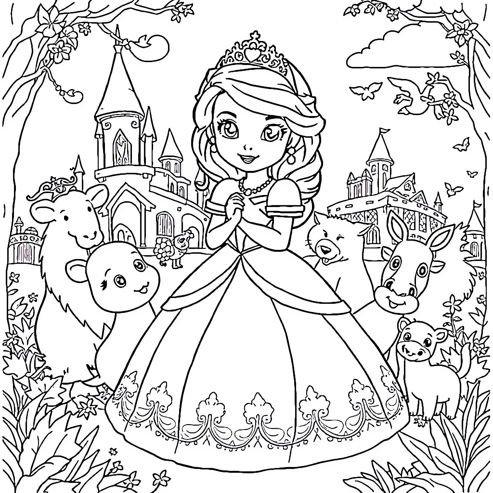 Princess Sofia's Whimsical Castle Adventure Coloring Page (free black-and-white line drawing printable PDF for all, from beginners to advanced learners, including children, teens, adults, and seniors)