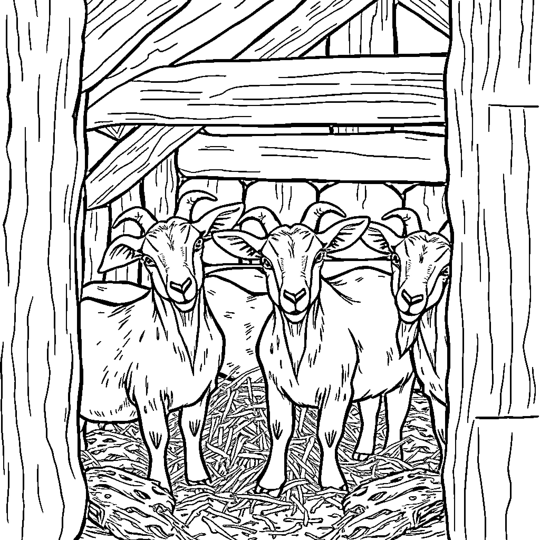 Goats huddled in a wooden shelter Coloring Page (free black-and-white line drawing printable PDF for all, from beginners to advanced learners, including children, teens, adults, and seniors)