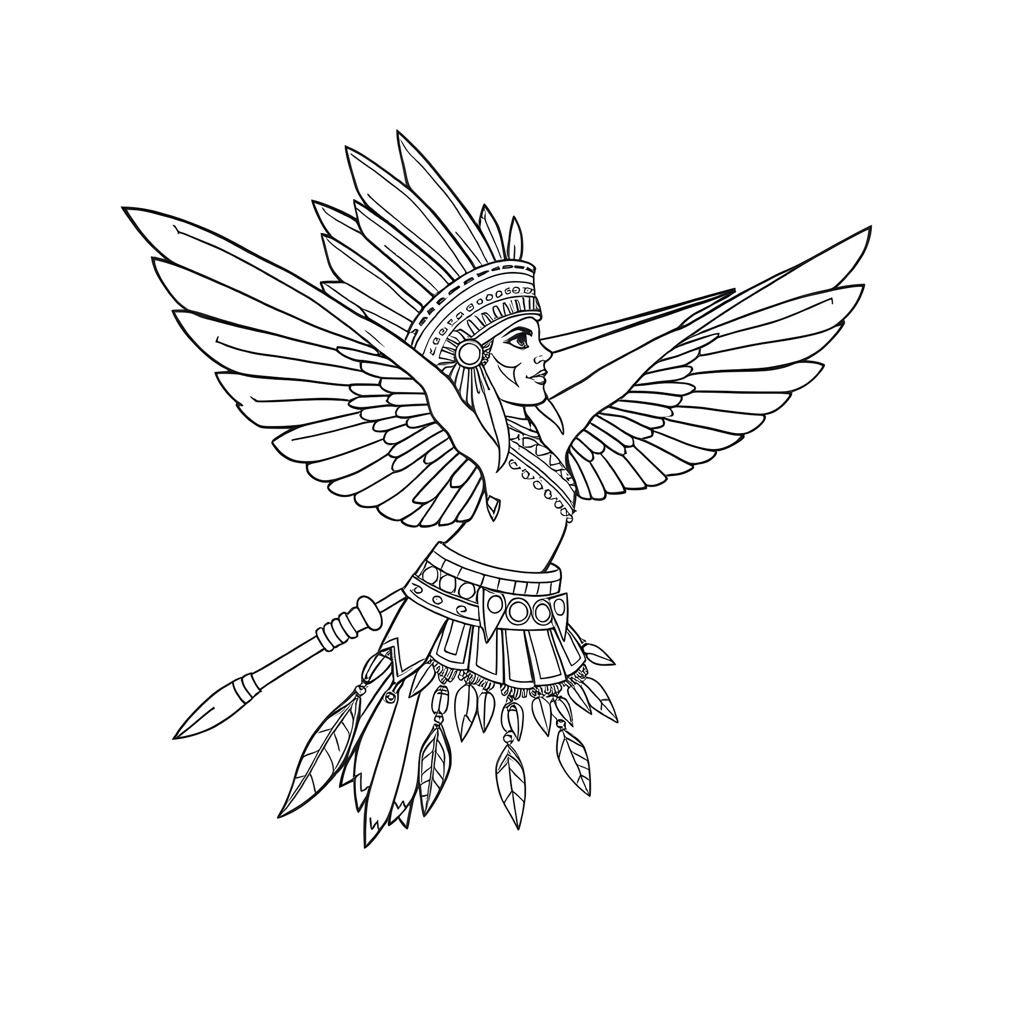 Warrior Bird with Feathered Headdress in Flight Coloring Page (free black-and-white line drawing printable PDF for all, from beginners to advanced learners, including children, teens, adults, and seniors)