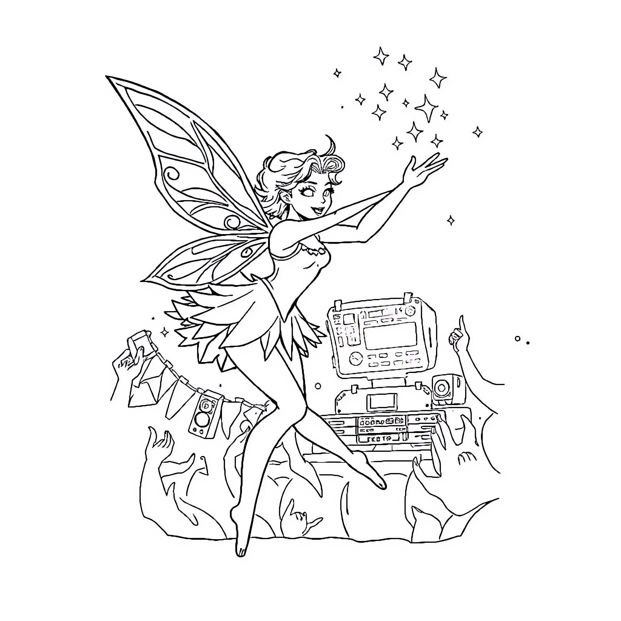Fairy dancing among technological wonders Coloring Page (free black-and-white line drawing printable PDF for all, from beginners to advanced learners, including children, teens, adults, and seniors)