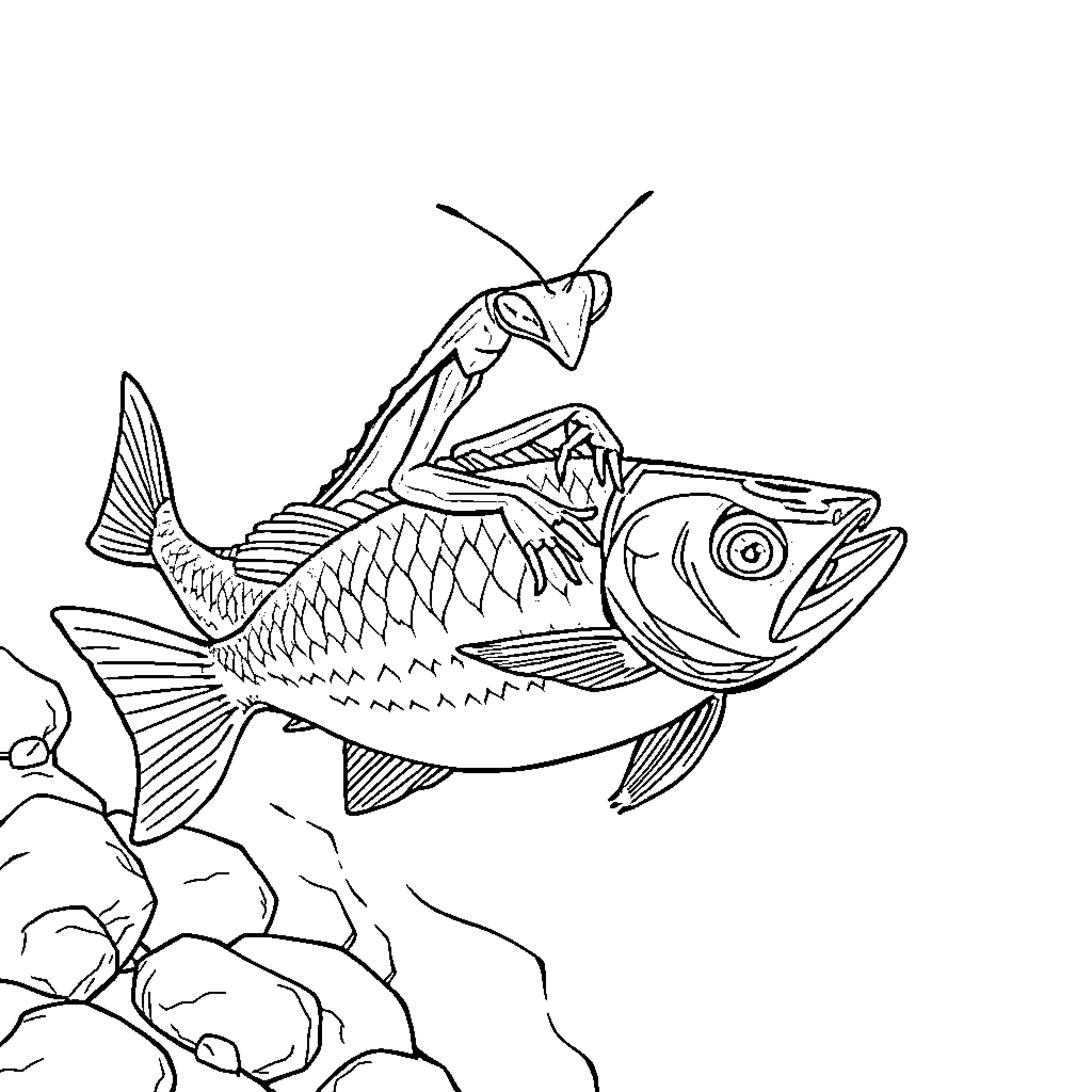 Praying Mantis riding on the back of a fish Coloring Page (free black-and-white line drawing printable PDF for all, from beginners to advanced learners, including children, teens, adults, and seniors)
