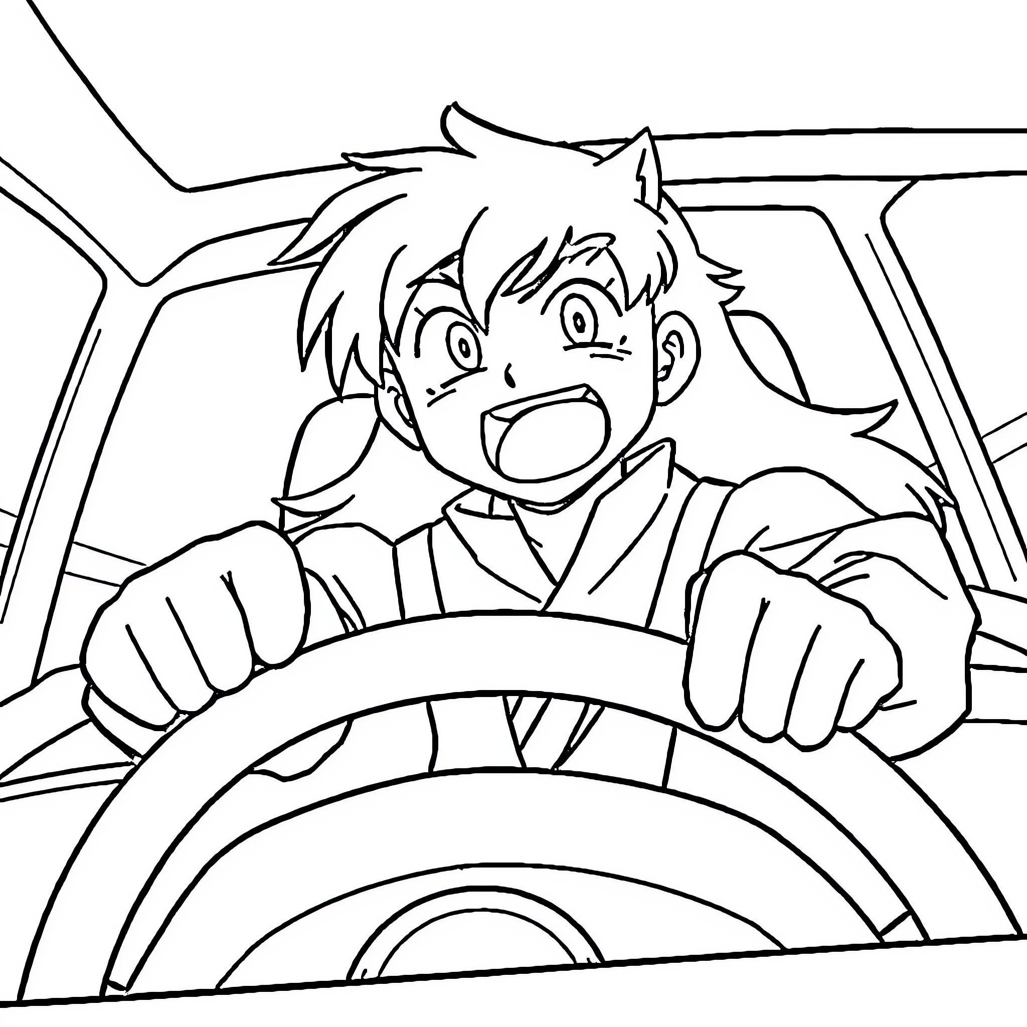 Inuyasha driving in a car with intense expression Coloring Page (free black-and-white line drawing printable PDF for all, from beginners to advanced learners, including children, teens, adults, and seniors)