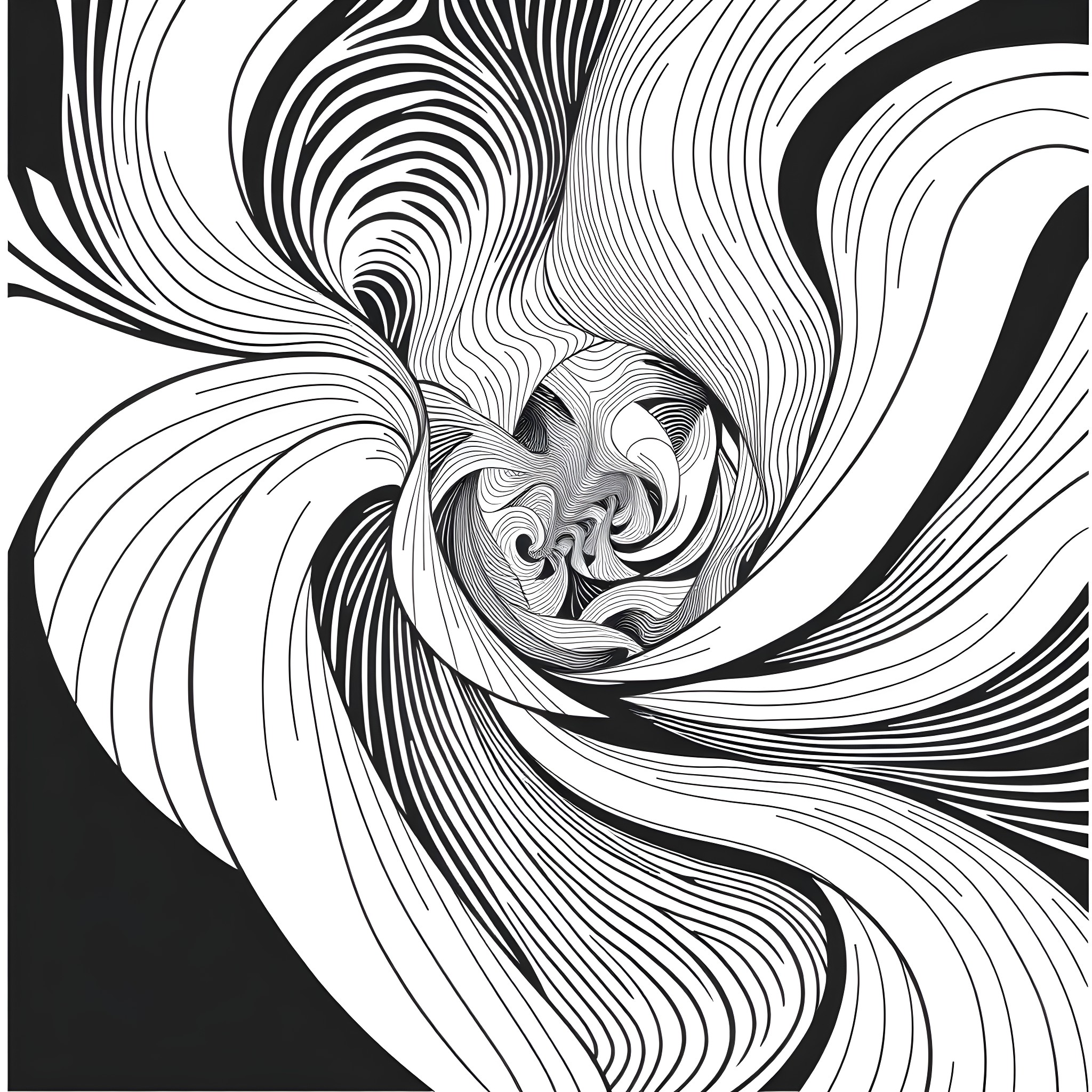 Vasarely's Swirling Geometric Patterns Coloring Page (free black-and-white line drawing printable PDF for all, from beginners to advanced learners, including children, teens, adults, and seniors)