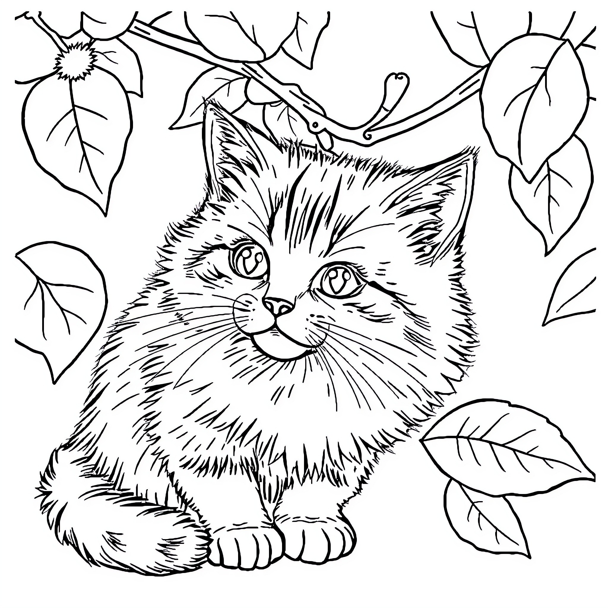 Cat surrounded by fall leaves Coloring Page (free black-and-white line drawing printable PDF for all, from beginners to advanced learners, including children, teens, adults, and seniors)