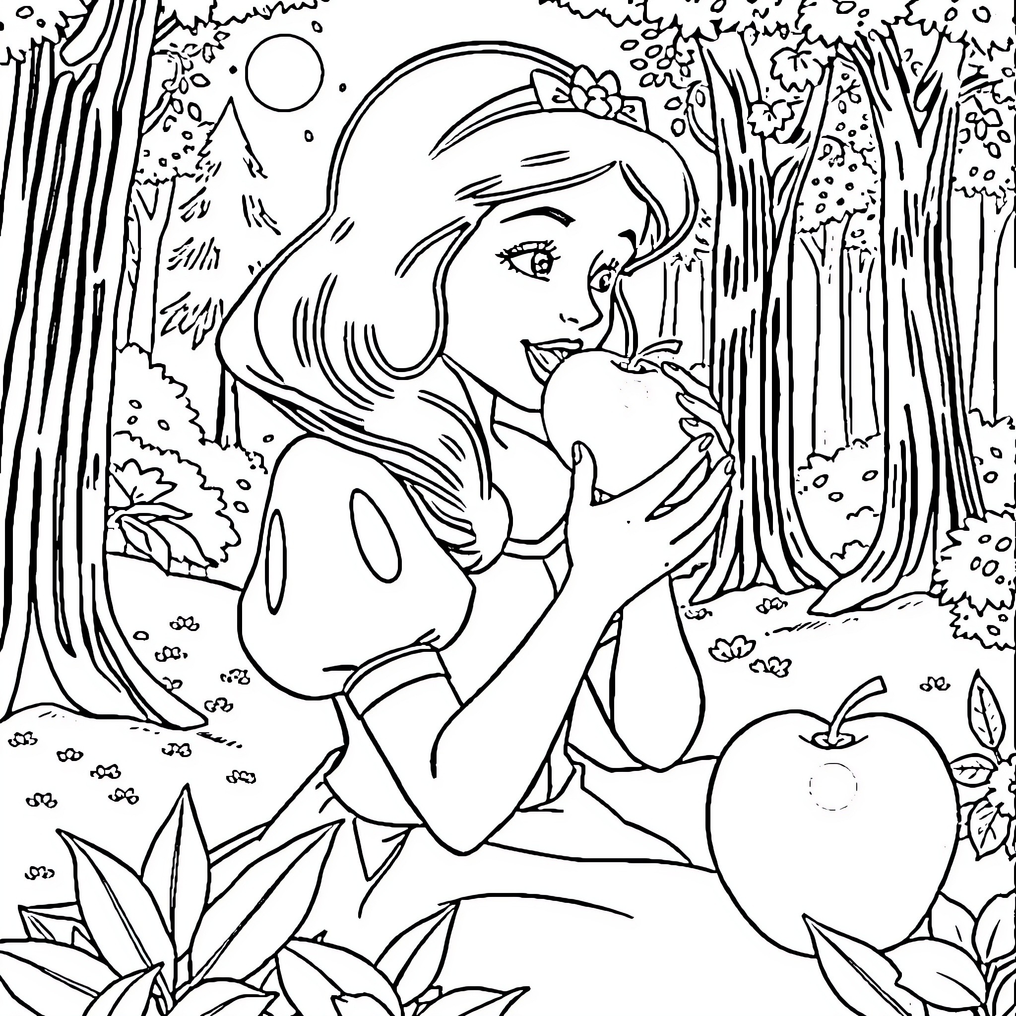Snow White Eating a Poisoned Apple in the Forest Coloring Page (free black-and-white line drawing printable PDF for all, from beginners to advanced learners, including children, teens, adults, and seniors)