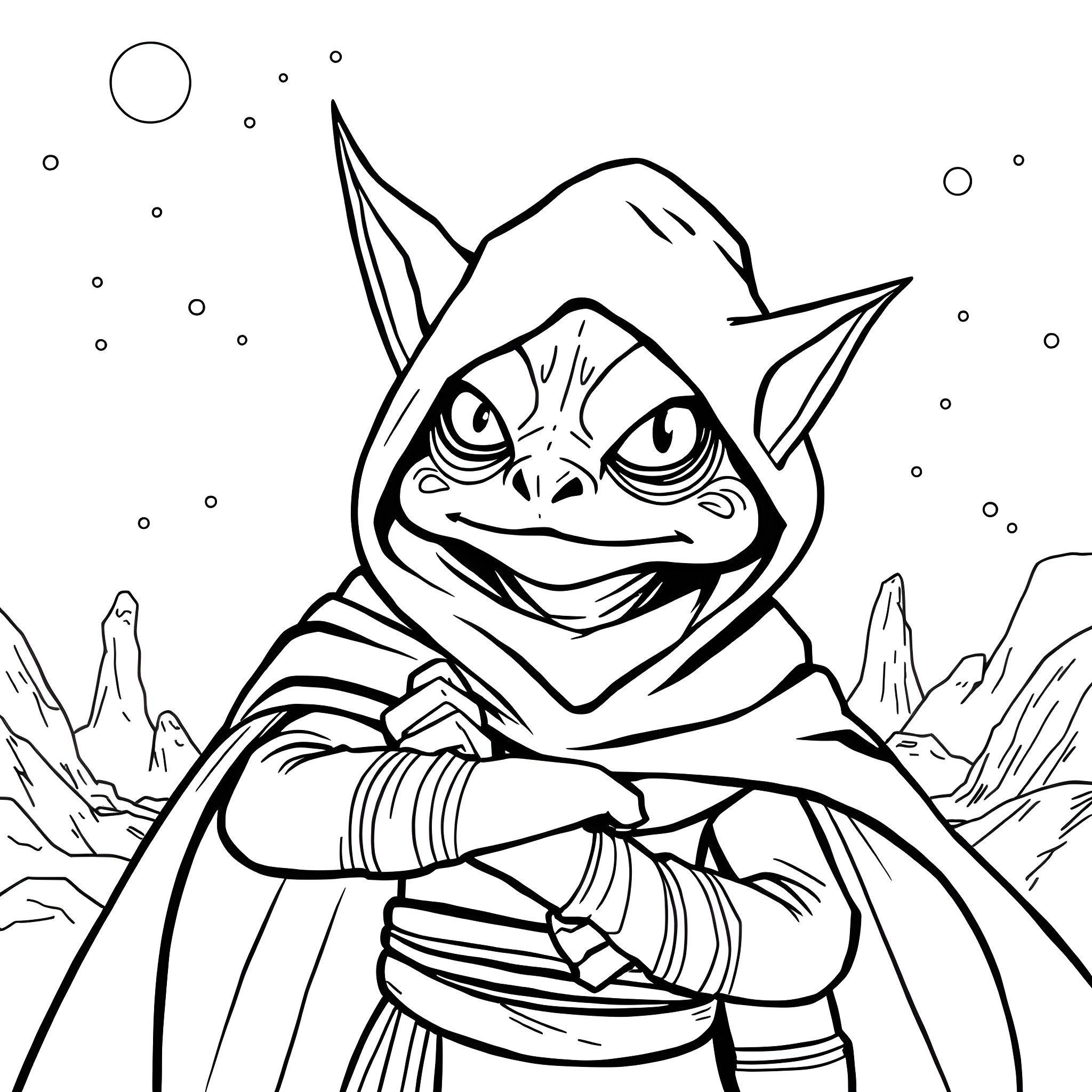Darth Jar Jar in an enigmatic pose Coloring Page (free black-and-white line drawing printable PDF for all, from beginners to advanced learners, including children, teens, adults, and seniors)
