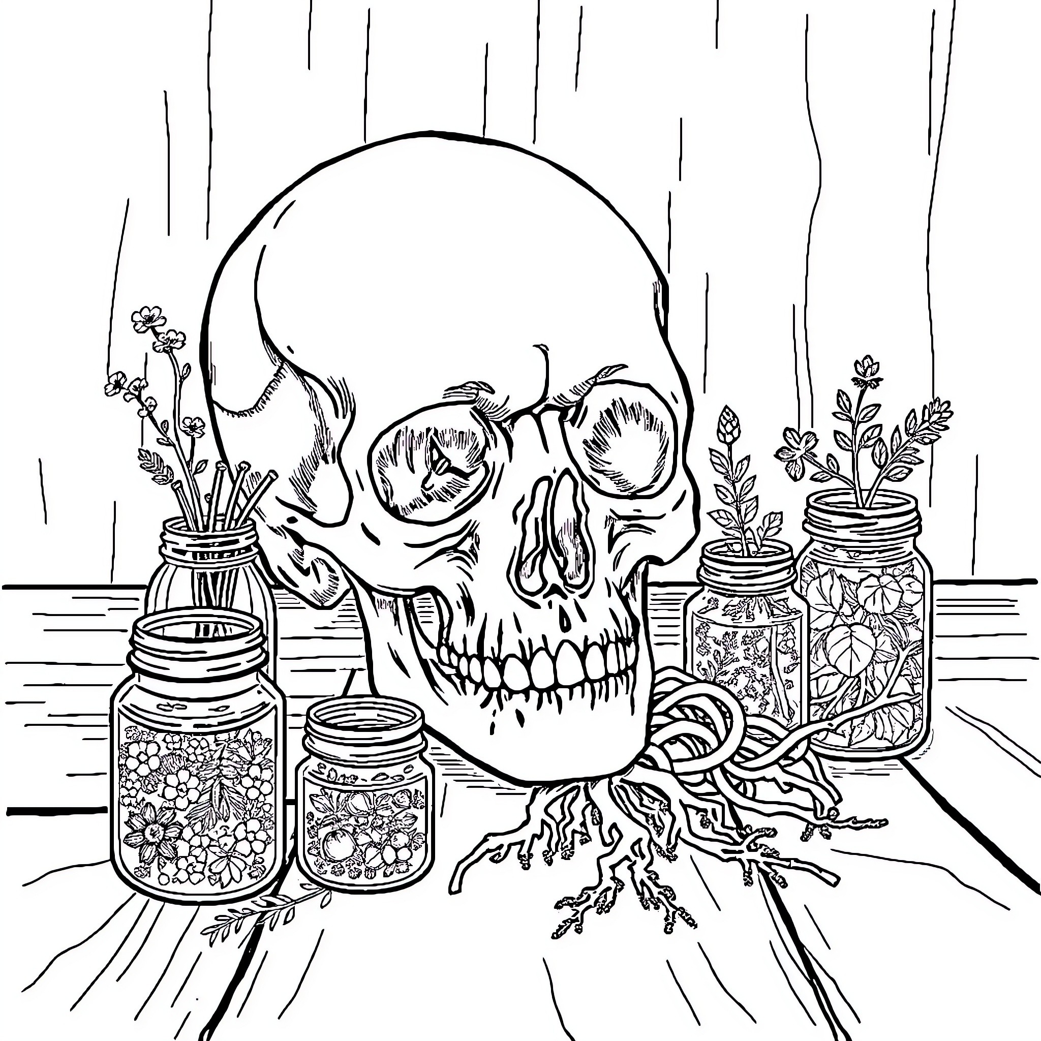 Skull with floral and botanical elements Coloring Page (free black-and-white line drawing printable PDF for all, from beginners to advanced learners, including children, teens, adults, and seniors)
