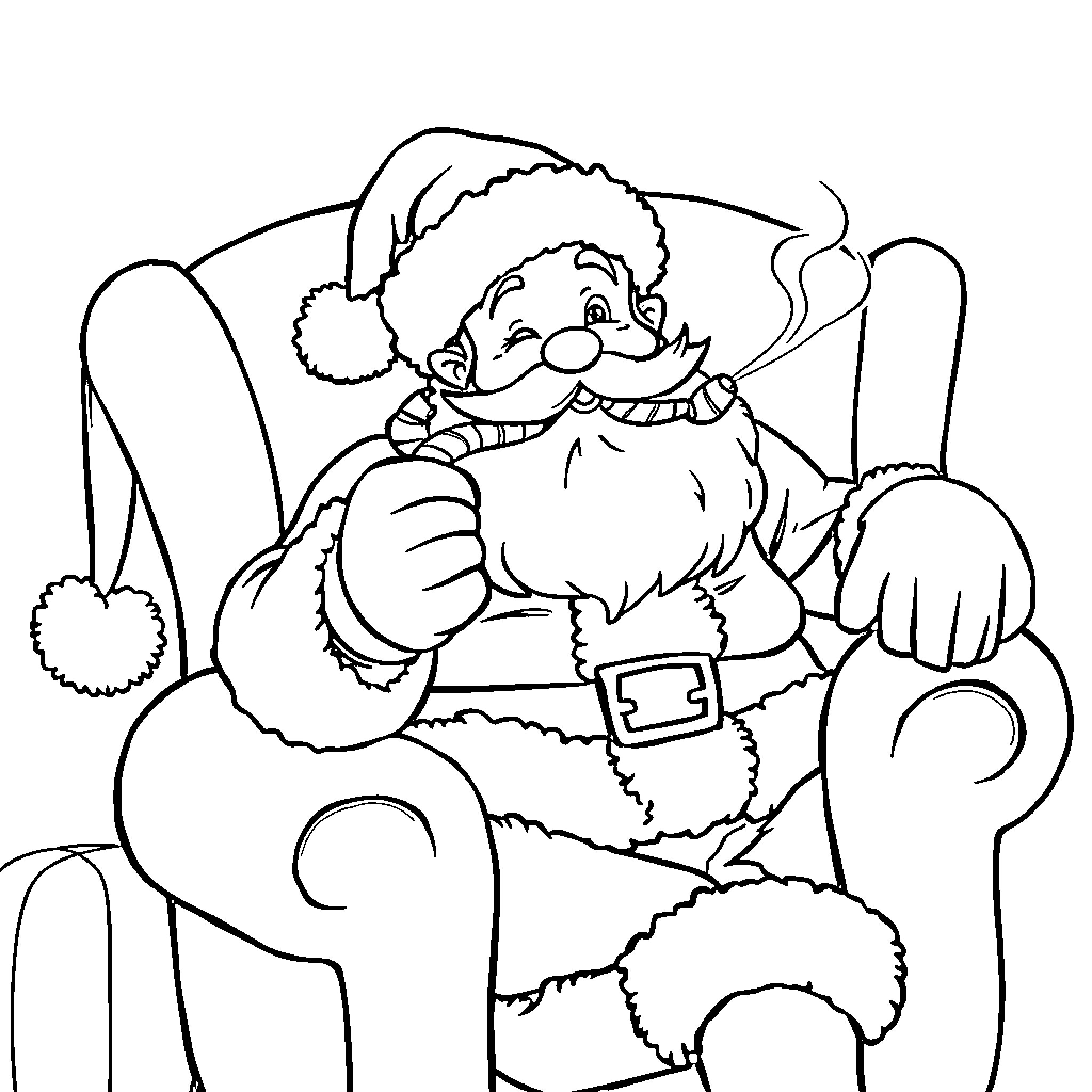 Santa relaxing in a cozy chair Coloring Page (free black-and-white line drawing printable PDF for all, from beginners to advanced learners, including children, teens, adults, and seniors)