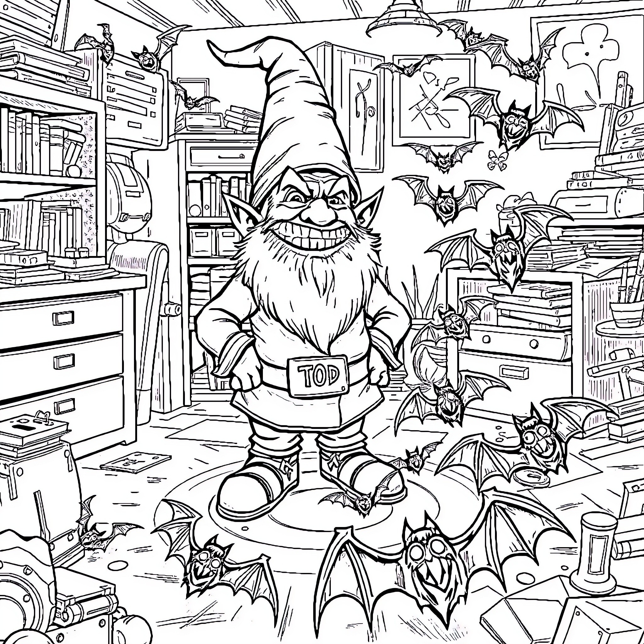 Gnome Wizard's Spooky Workshop Coloring Page (free black-and-white line drawing printable PDF for all, from beginners to advanced learners, including children, teens, adults, and seniors)