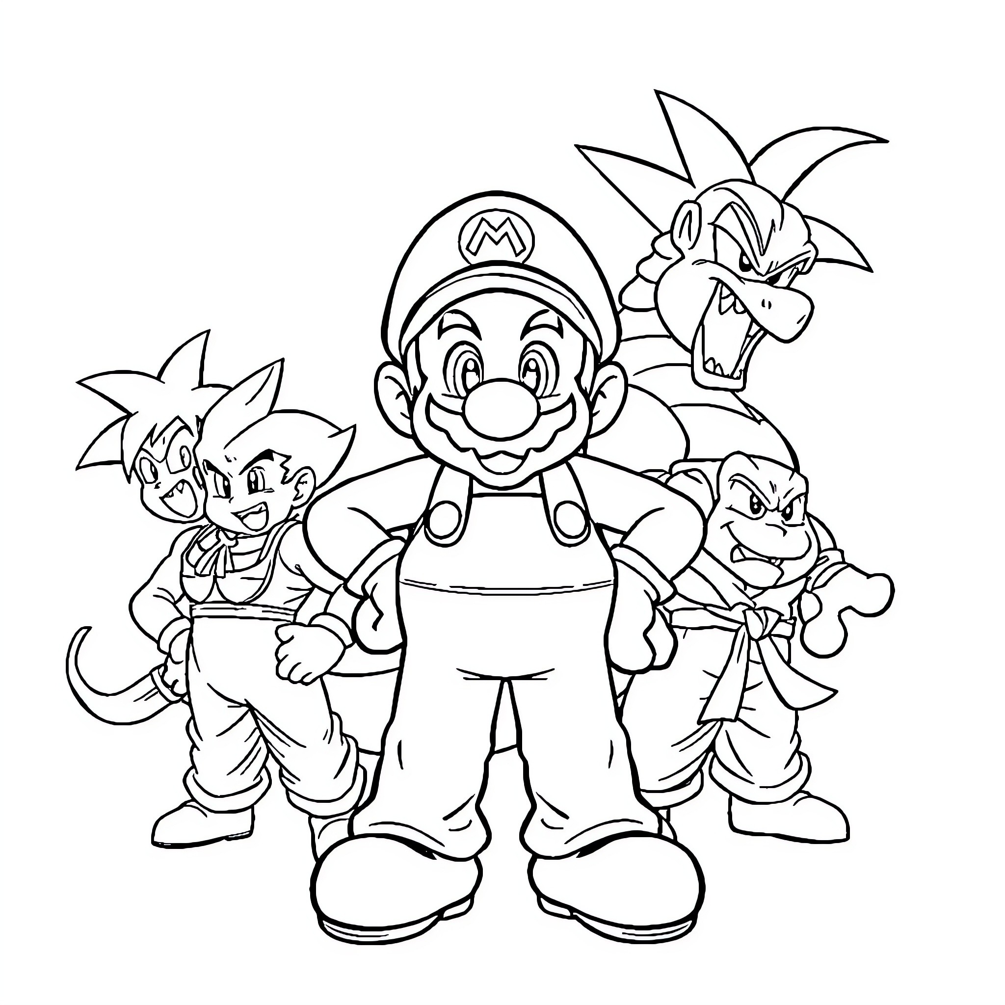 Mario and Friends in Cartoon Adventure Coloring Page (free black-and-white line drawing printable PDF for all, from beginners to advanced learners, including children, teens, adults, and seniors)