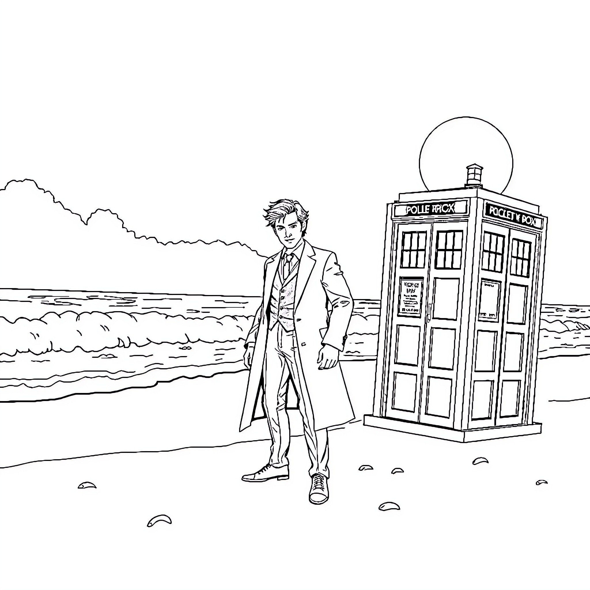 Doctor Who exploring the beach by the police box Coloring Page (free black-and-white line drawing printable PDF for all, from beginners to advanced learners, including children, teens, adults, and seniors)