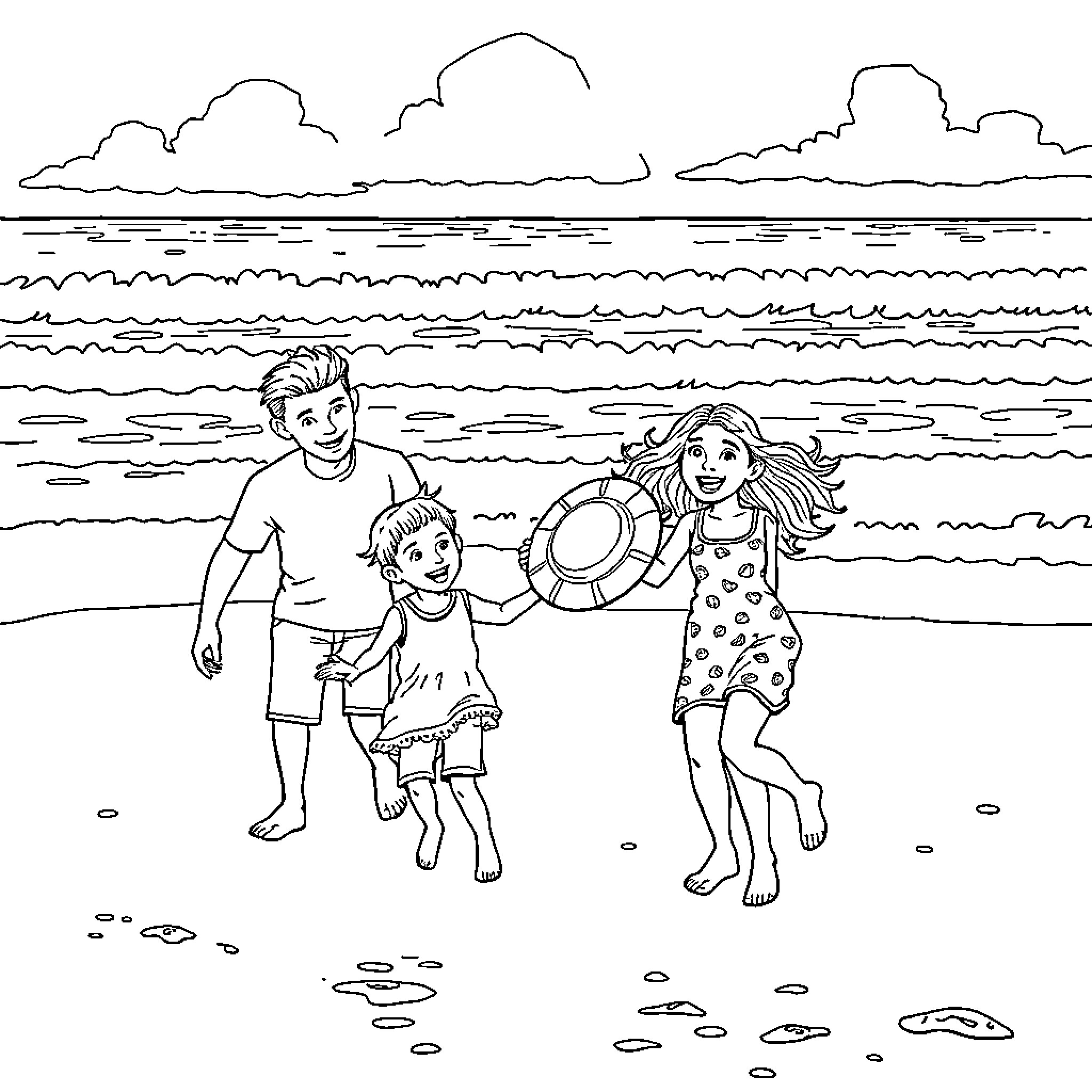 Family enjoying summer beach time together Coloring Page (free black-and-white line drawing printable PDF for all, from beginners to advanced learners, including children, teens, adults, and seniors)