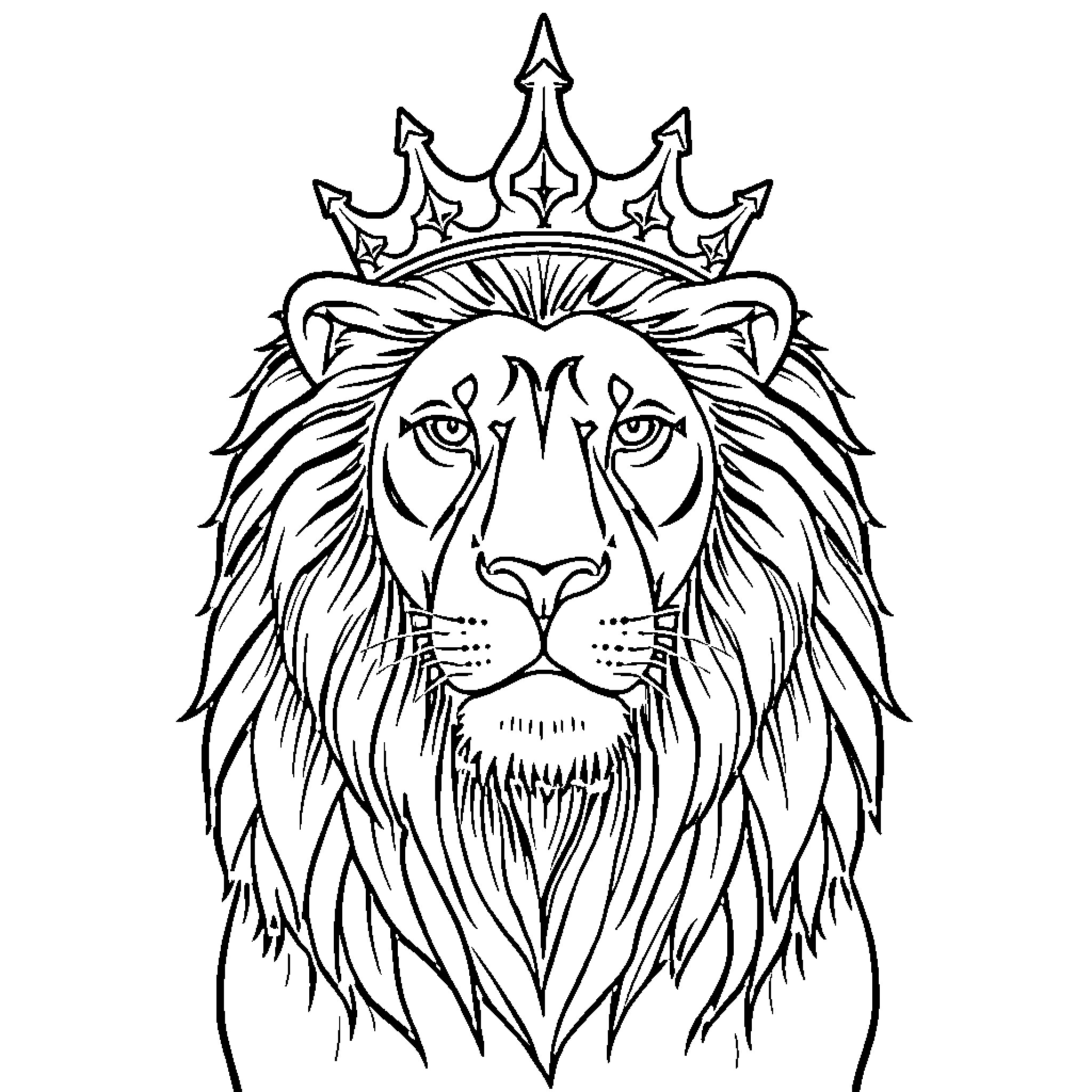 Lion with crown and fierce expression Coloring Page (free black-and-white line drawing printable PDF for all, from beginners to advanced learners, including children, teens, adults, and seniors)