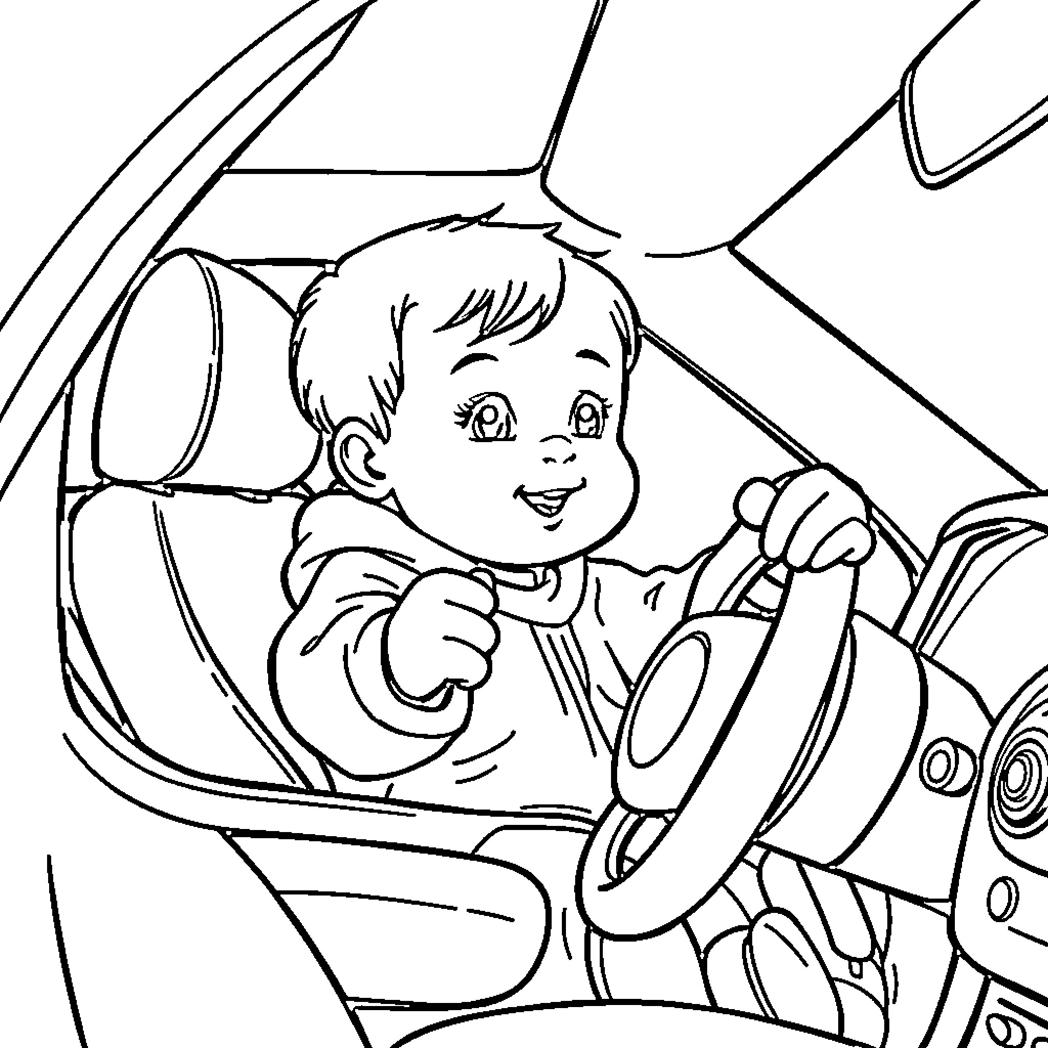 Baby driving a toy car happily Coloring Page (free black-and-white line drawing printable PDF for all, from beginners to advanced learners, including children, teens, adults, and seniors)