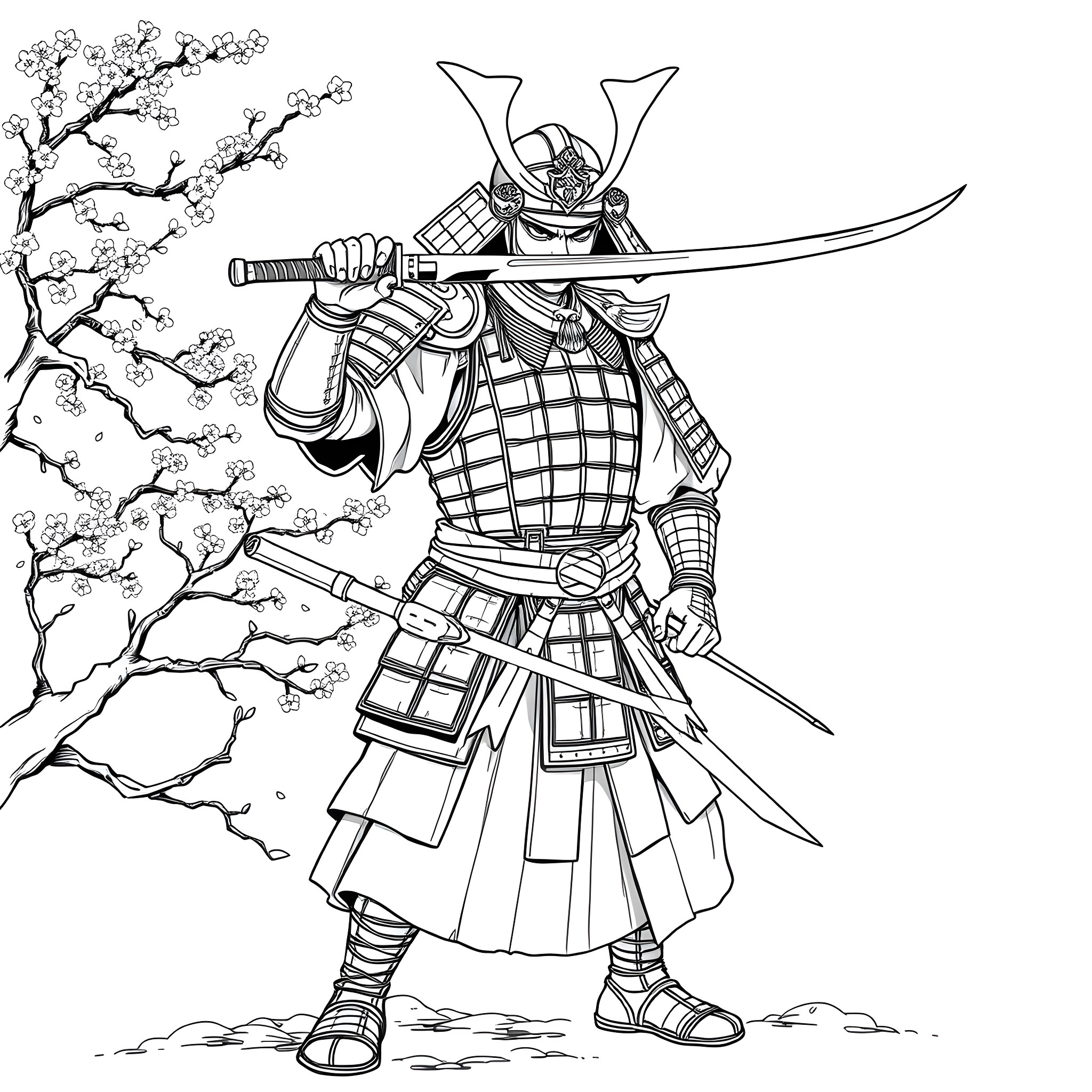 Samurai Warrior Brandishing Sword Amidst Cherry Blossoms Coloring Page (free black-and-white line drawing printable PDF for all, from beginners to advanced learners, including children, teens, adults, and seniors)